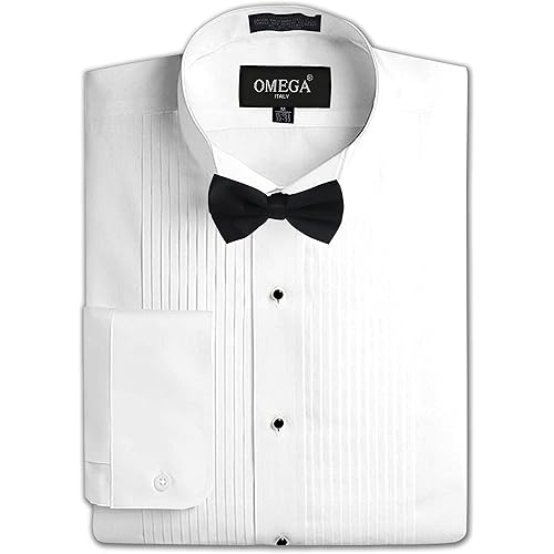 OmegaTux Mens Formal Wing Collar Tuxedo Shirt, 1/4" Pleat