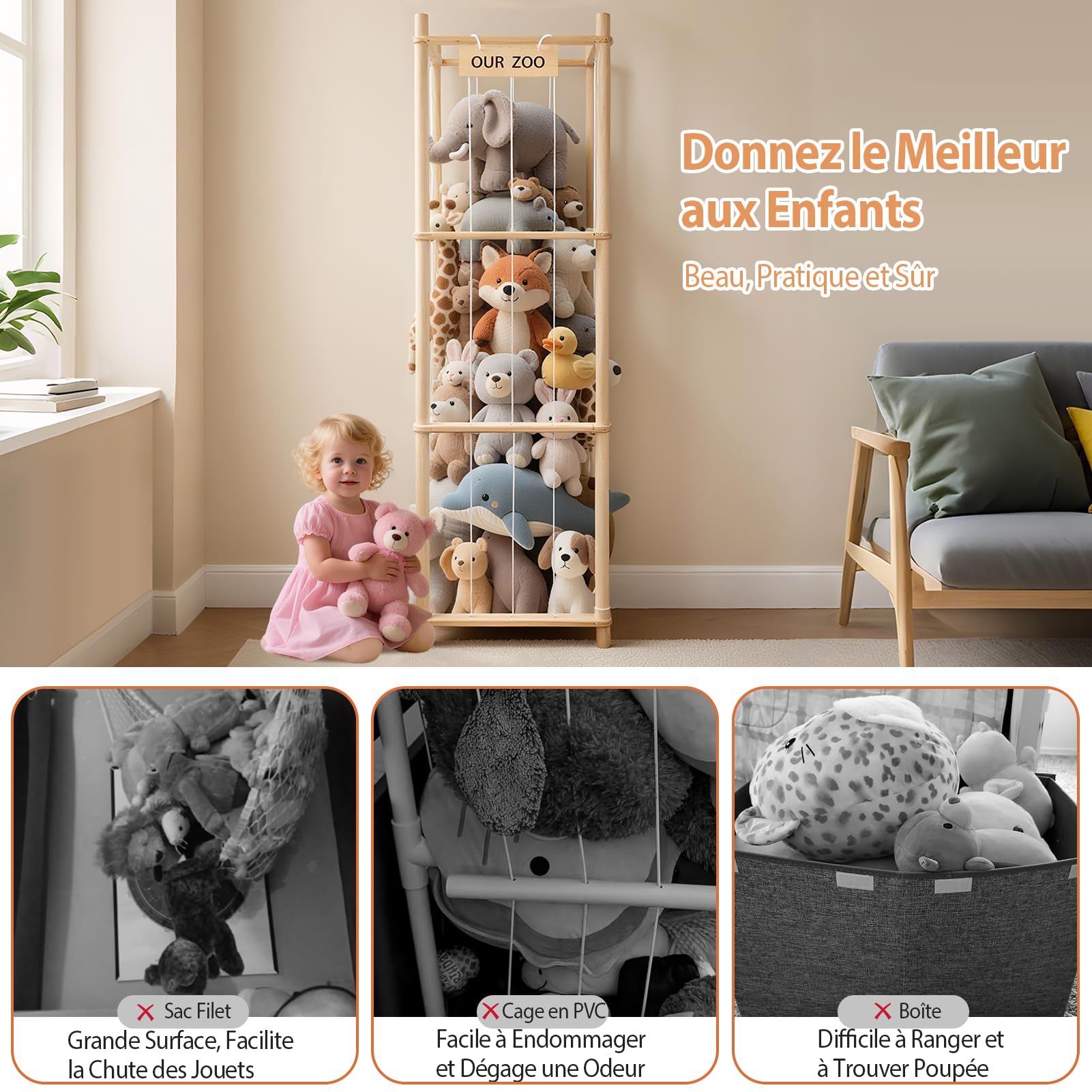 Rangement Peluche de Enfant, Range Peluche en Bois Gain de Place,Grande Capacité,136*40*40CM Plush Storage Tower Rangement Jouet Enfant pour Chambre à Enfants, Salle de Jeu, Chambre à Coucher‌, Salon