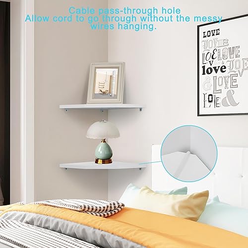 Miniatura 3 de Joiishom Juego de 2 estantes de esquina de madera maciza, estantes flotantes de esquina de madera maciza, estante de esquina flotante montado en la