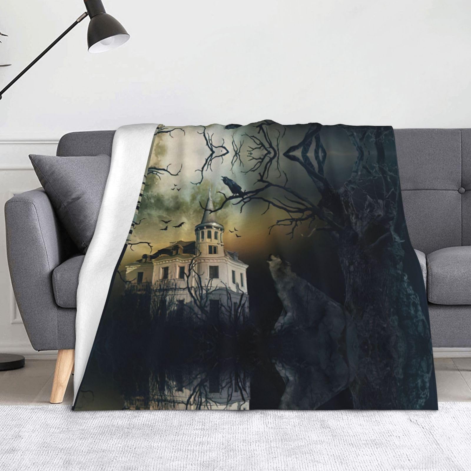 Couverture Halloween flanelle en peluche plaid arbre mort nocturne