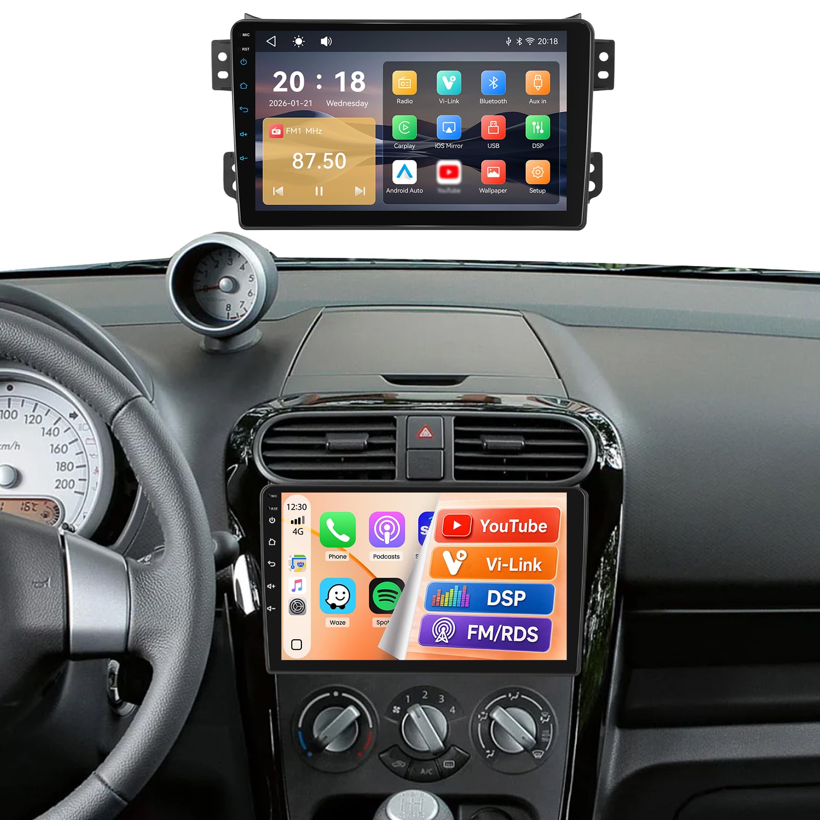 Autoradio per Suzuki Splash Ritz, Opel Agila 2004-2014 Schermo IPS 9" Touch Apple CarPlay e Android Auto Radio Bluetooth 5.1 FM RDS DSP Comandi al Volante Telecamera Retromarcia