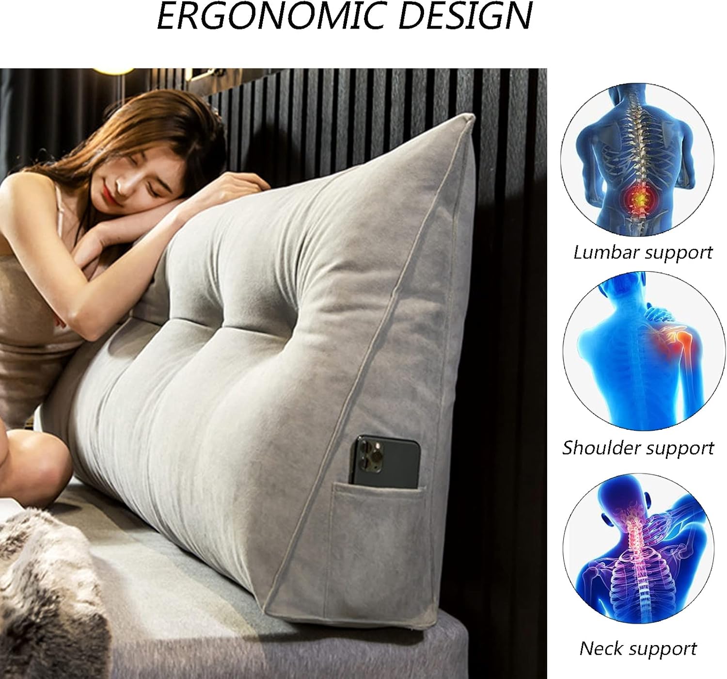 Triangular Reading Bed Rest Pillow,Large Bolster Triangular Positioning Support Reading Backrest Wedge Pillow with Removable Cover,D,23.6 x7.87x19.68in