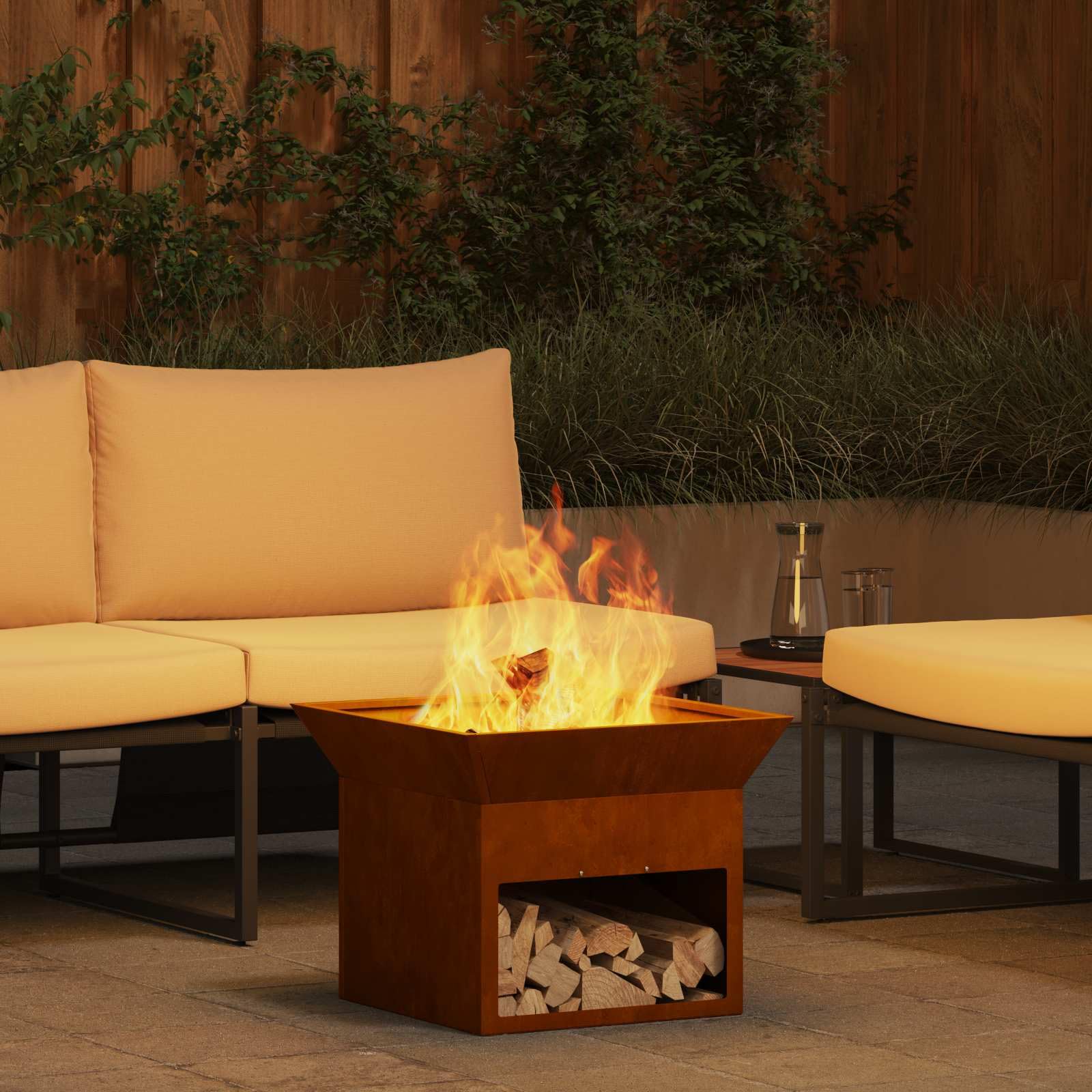 Brasero de acero resistente a la intemperie, 50 x 50 x 40 cm, cúbico oxidado, con ventilación abierta, para jardín, terraza, exterior, calidez y ambiente en celebraciones