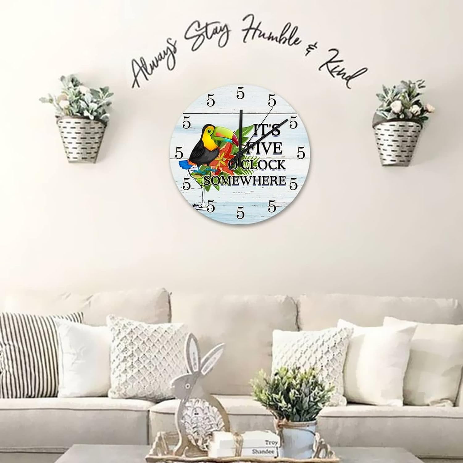 It's 5 O'Clock Somewhere Parrot Wooden Clock 15 Inch Happy Hour Wooden Battery Operated Silent Round Clock for Home Office School