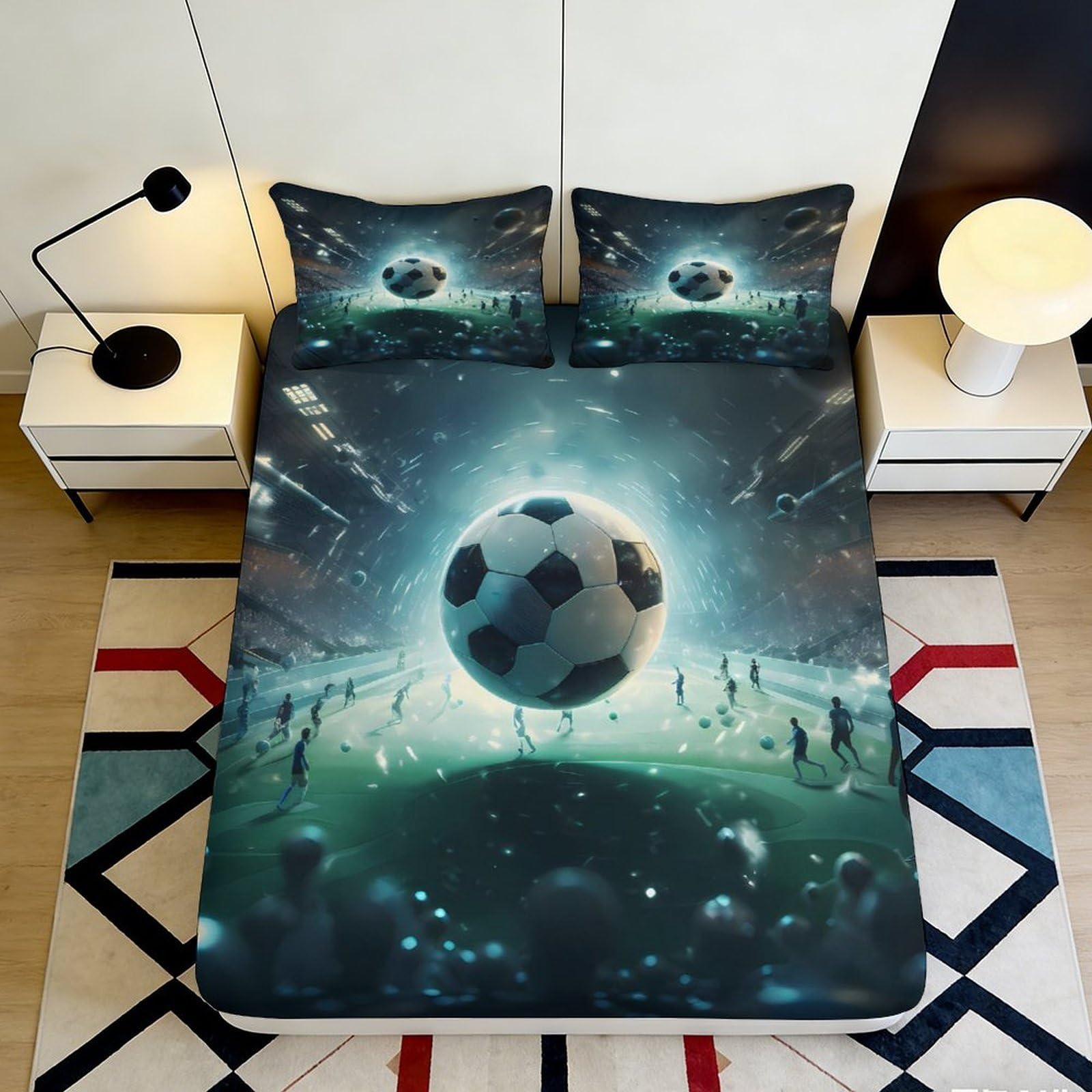 3D Printed Football Stadium Fitted Sheet Microfiber Soft Breathable Soccer Field Mattress Cover for Bedroom Dormitory Guest Room Mattress Protection Decor 120x200x25cm