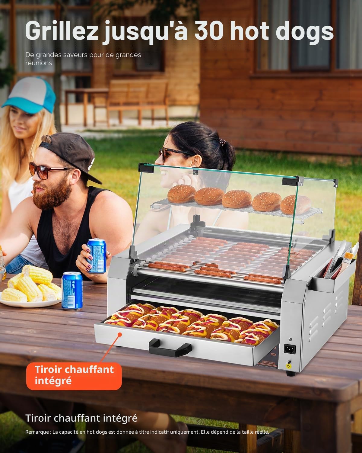 VEVOR Rouleau à hot-dogs, 11 rouleaux, 30 hot-dogs, machine à griller les saucisses en acier inox, avec chauffe-petits pains, couvercle, boîte de rangement latérale, bac à huile, pour maison, commerce