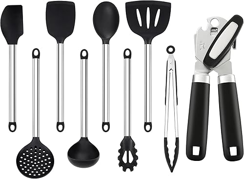 Abrelatas manual con imán y 8 utensilios de cocina con mango de acero inoxidable