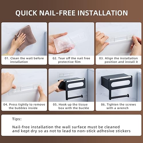 Miniatura 7 de Soporte de papel higiénico autoadhesivo negro mate, material ABS de alta calidad, soporte de papel higiénico de montaje en pared con estante y caja