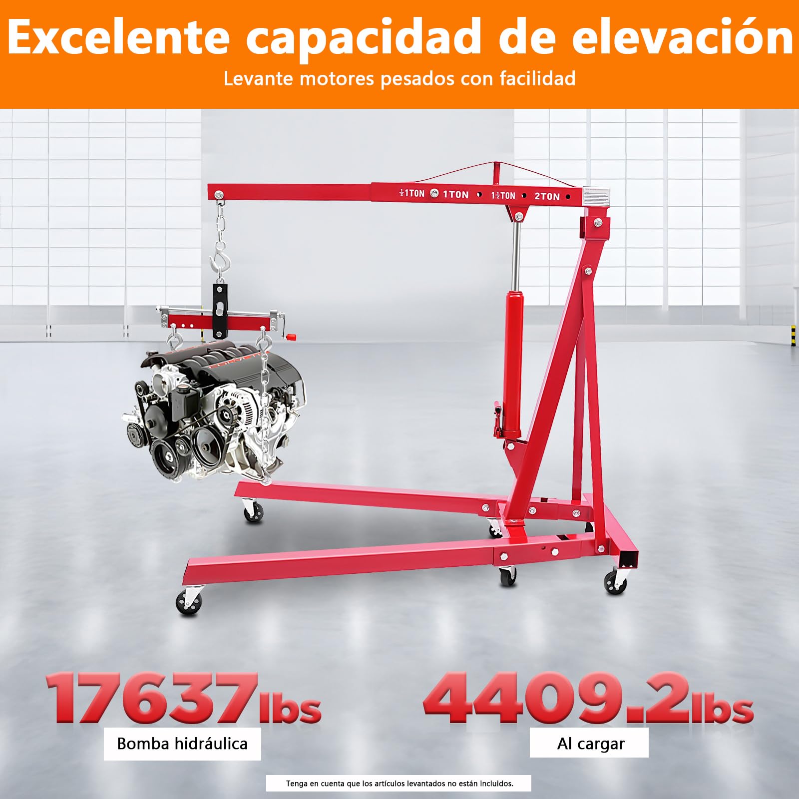 Grúa de taller plegable con compensador de motor, 2000 kg Grúa elevadora de motor de acero al carbono, 4 posiciones ajustables, máx. 148 cm de distancia del gancho al suelo (envío de 2