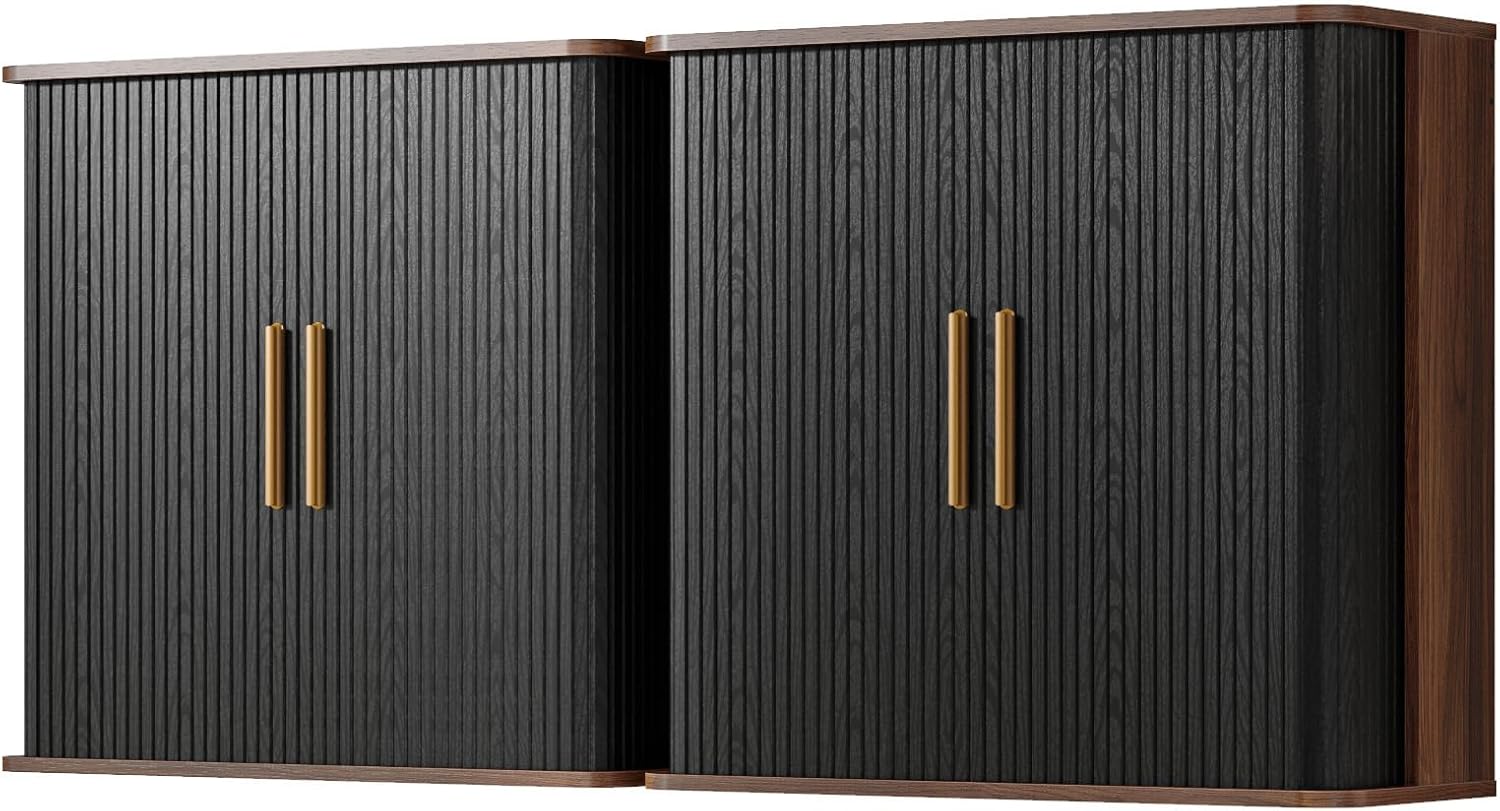 60" W Laundry Room Wall Cabinet with Fluted Sliding Door, Bathroom Medicine Cabinet with Adjustable Shelf, Wall Mounted Storage Cabinet for Living Room Kitchen, Black