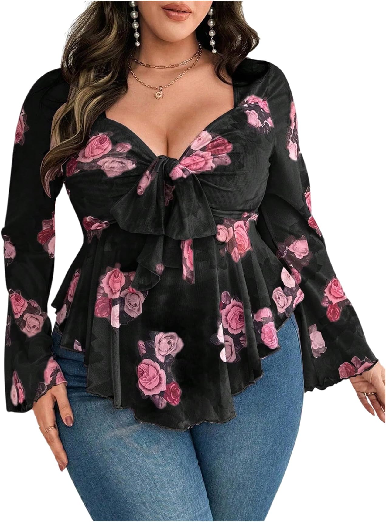 Women's Plus Size Floral Long Sleeve Tie Front Hanky Hem Mesh Blouse Tops