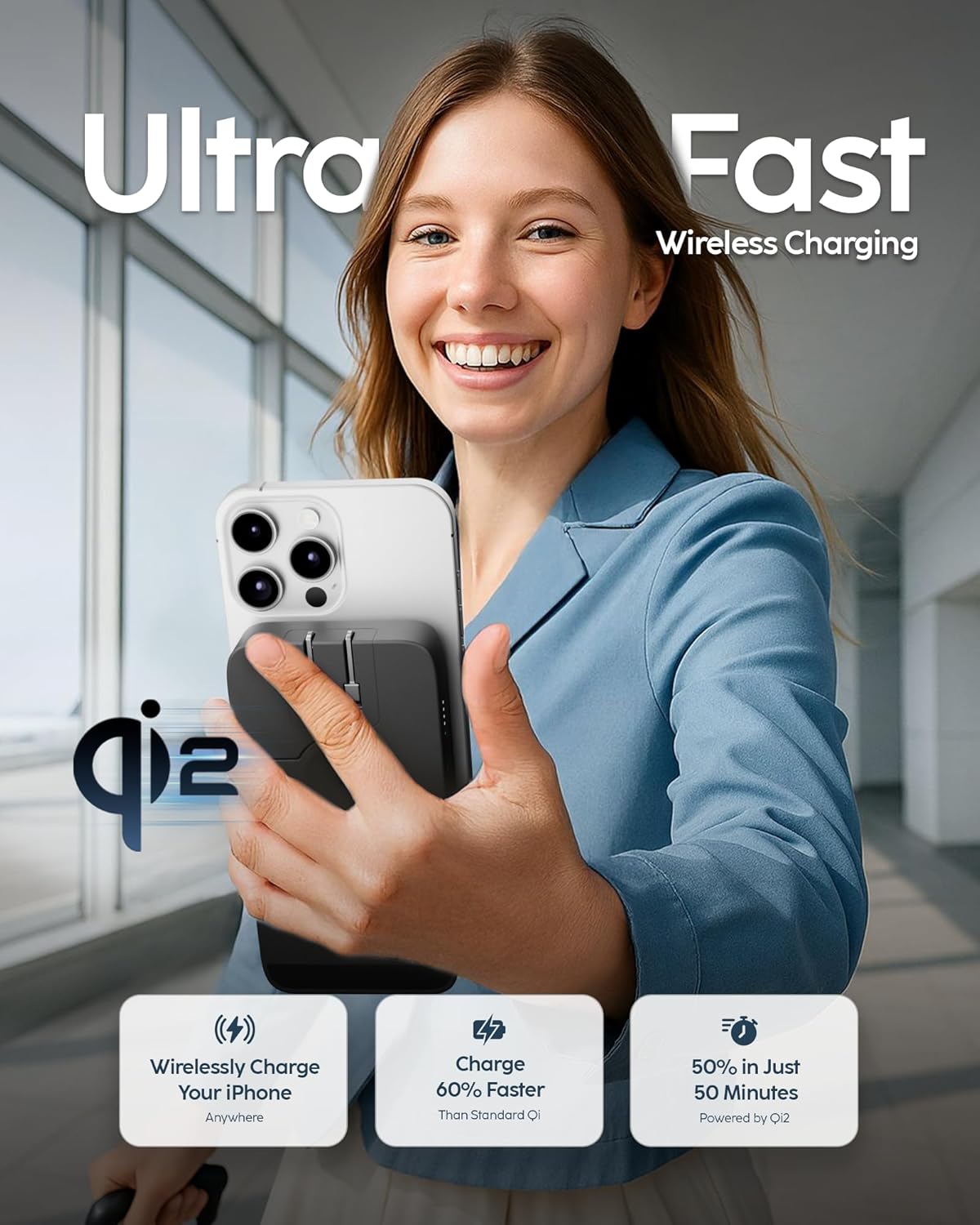 myCharge EcoHub 3-in-1 Magnetic Wireless Charger & Battery Pack for iPhone, iWatch, AirPods - 6,000mAh Battery | Built-in Wall Plug | 15W Magsafe Wireless Output | Foldable | Charging Station | Black - Image 6