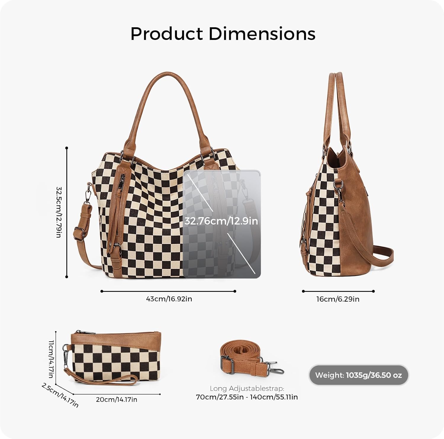 Checkered Large Hobo Purses for Women Vintage Tote Bag for Women Shoulder Bag Multiple Pockets Tote Handbags - Image 6