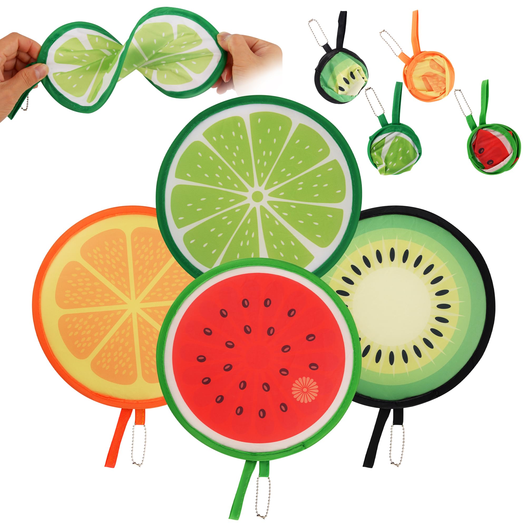 KEYIDO 4 Pcs Folding Fans Handheld Foldable Hand Fan Fruit Patterns Fold Up Manual Fan for Handbag Small Japanese Round Pop Up Fabric Fans for Women Ladies Wedding Decoration