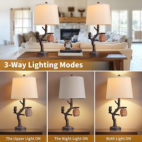 Miniatura 2 de Juego de 2 lámparas de mesa rústicas de 27 pulgadas, modos de iluminación de 3 vías, lámparas de mesita de noche para dormitorio con luz nocturna,