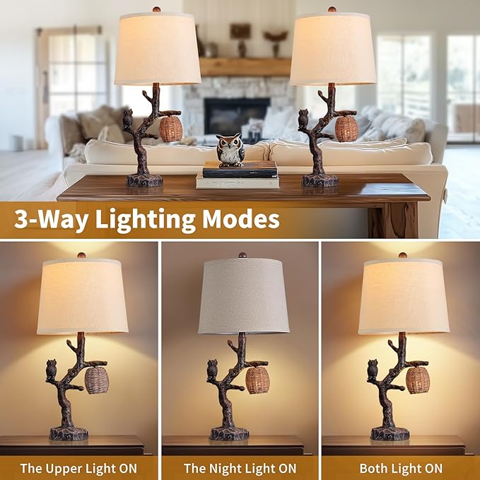 Lovlast 27" Rustic Farmhouse Table Lamp, 3-Way Lighting Modes Bedside Table Lamp for Bedroom with Nightlight, Owl Lamp for Living Room with USB C+A, Night Stand Lamps for Western Cottage Cabin Decor photo 2