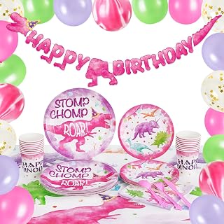 Watercolor Pink Dinosaur Party Supplies Set Serves 16 Guests - 137 Pcs Dino Themed Birthday Decoration for Girls Kids Party Banners Balloons Plates Cups Napkins Tablecloth Tableware Set
