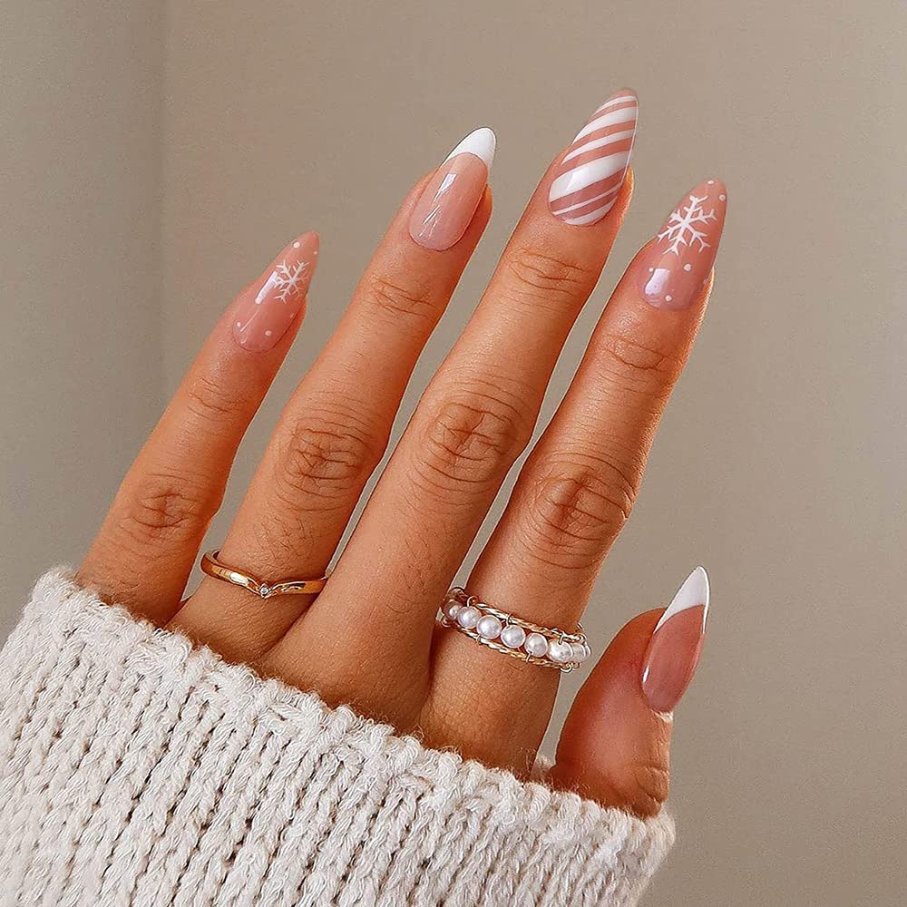 Christmas French Tips Medium Length Almond Coffin Press On Nails - White Snowflake Full Cover Artificial Acrylic False Nails With Stripe Design for