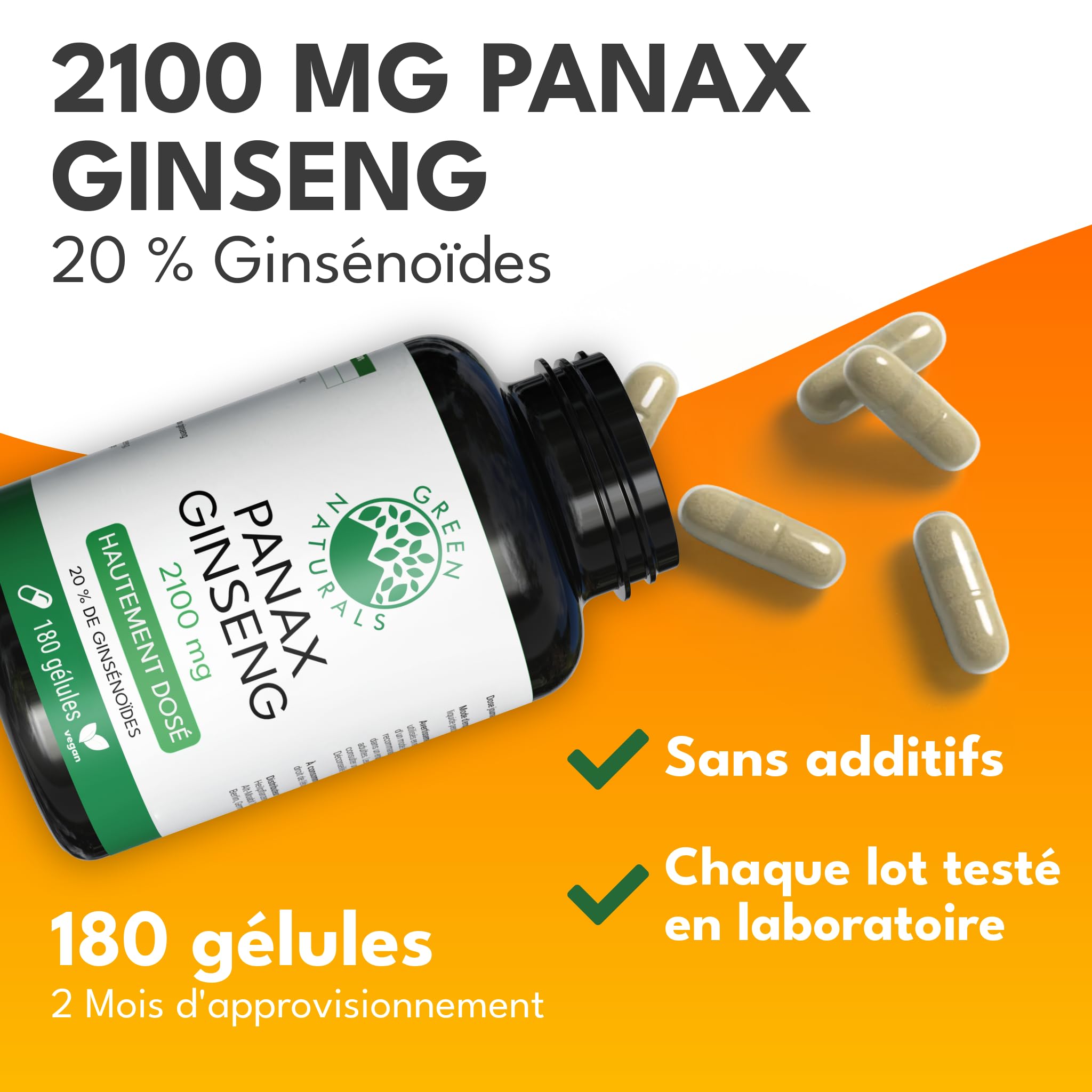 Green Naturals® Panax Ginseng – 2100 mg par dose journalière – 20% Ginsénosides – 180 gélules pour 2 mois – Extrait de racine Panax Ginseng C.A. Meyer