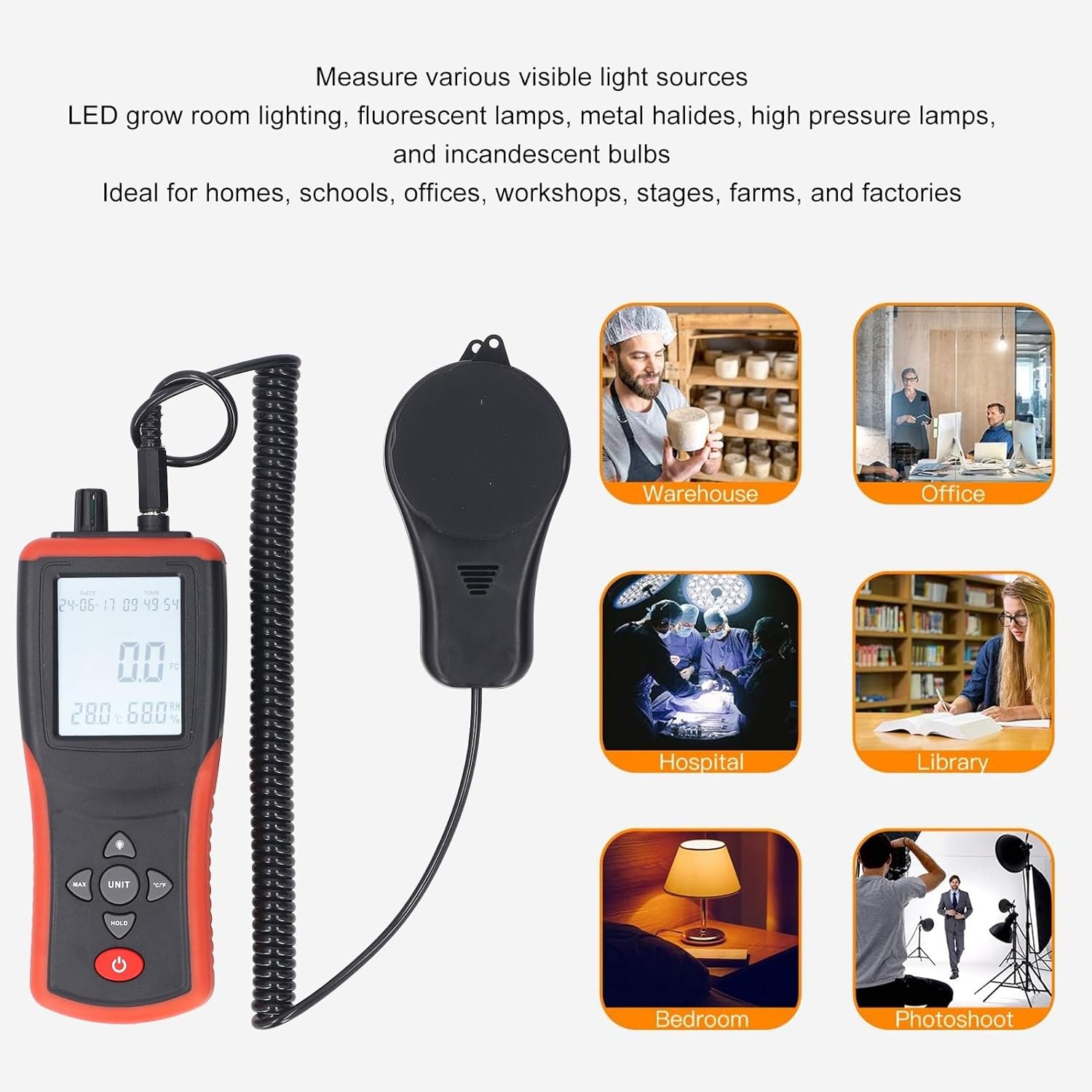 Digital Light Meter Detachable Sensor Wide Range 0.1-400, 000Lx for Plants Cars LCD Display Temperature Humidity Measurement