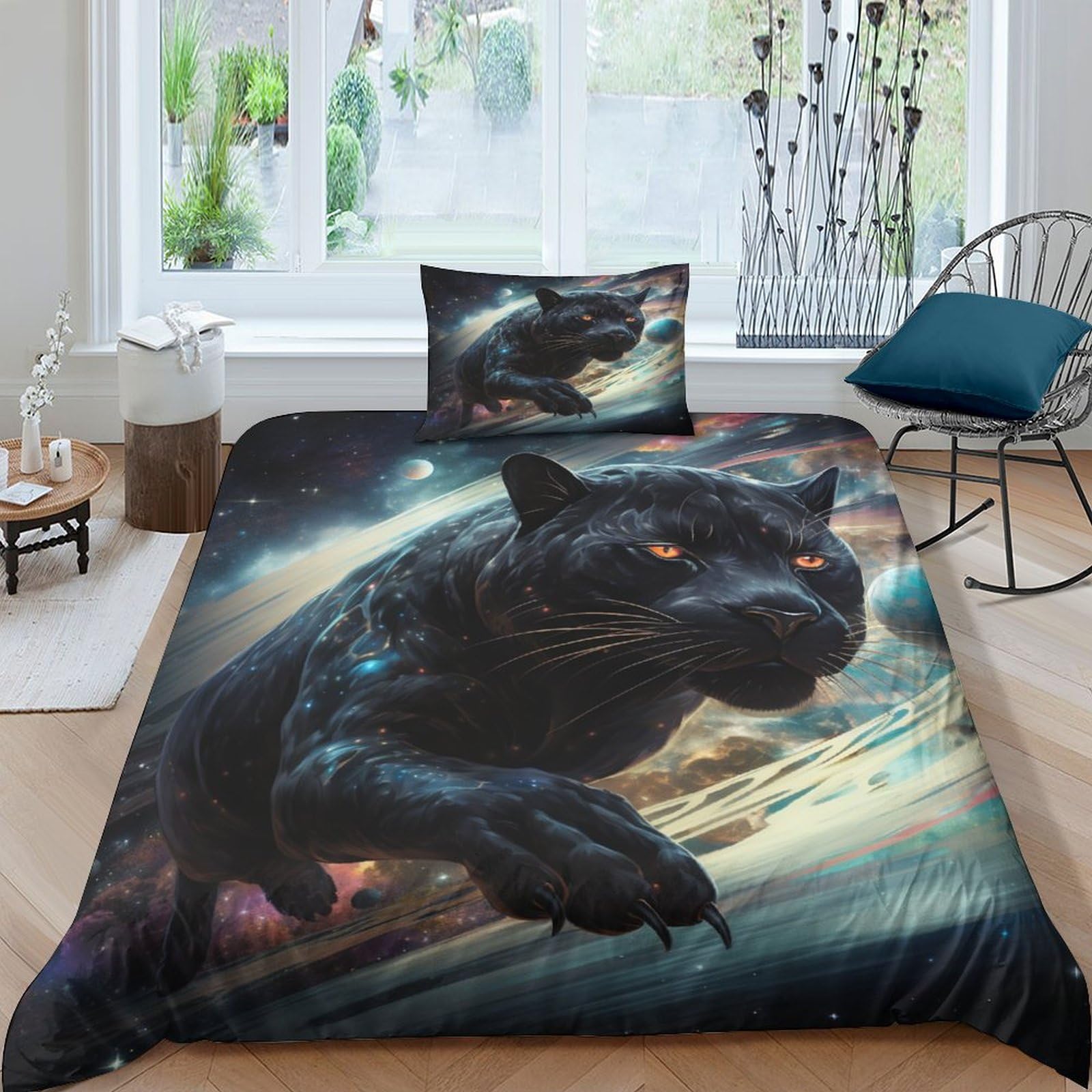 Ensemble de literie imprimé 3D Jaguar noir avec housse de couette 135x200
