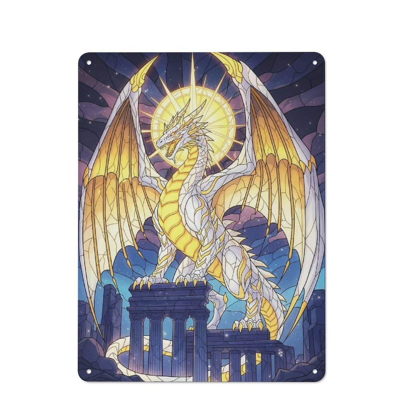 Junmoney Golden And White Dragon On Ruins Tin Sign With Design 40X30cm, Weathered Look Industrial Wall Art For Workshop, Basement, Shed Or Games Room