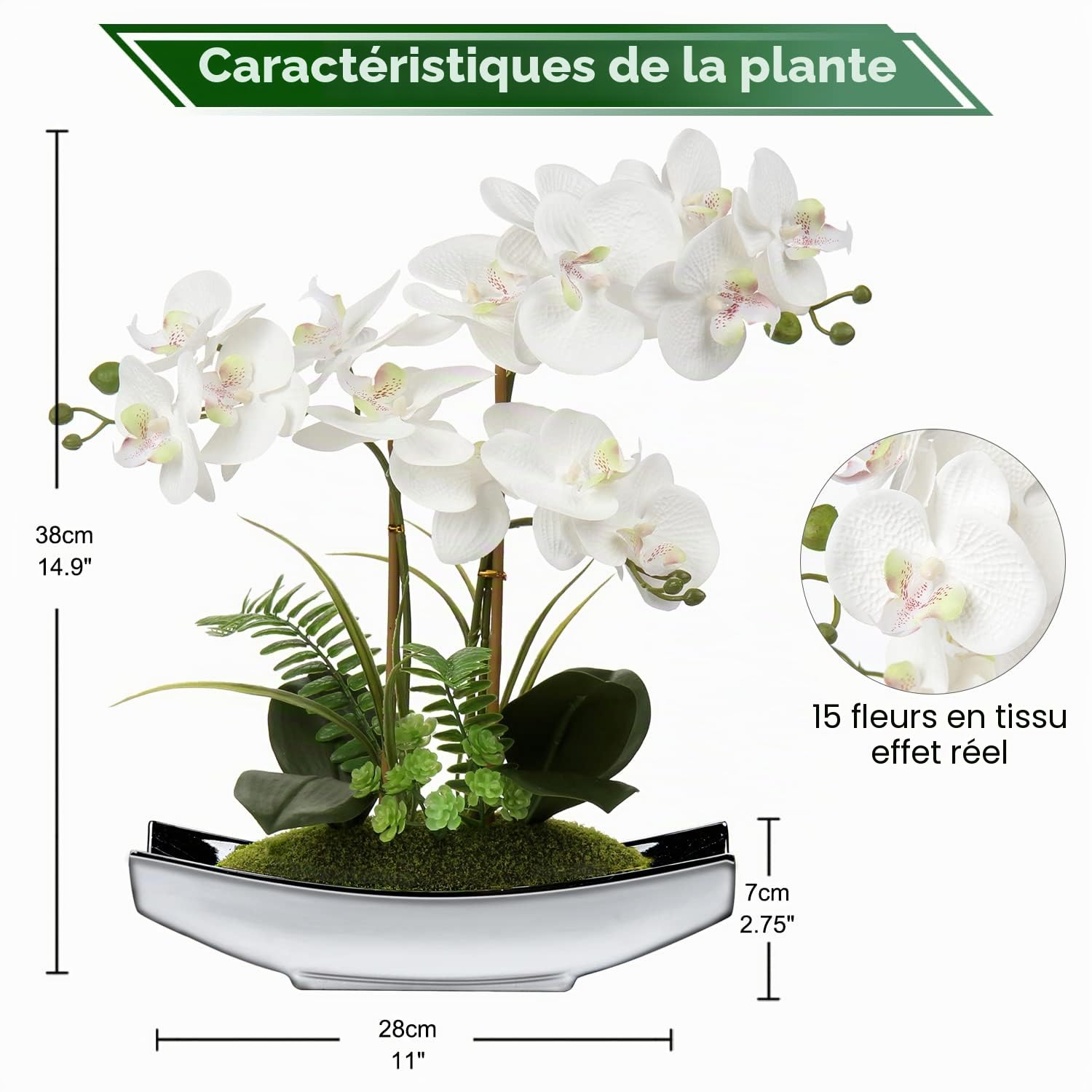 Orchidée Artificielle Phalaenopsis en Pot argenté - 38,1 cm - Fausse Fleur pour Centre de Table, Salon, décoration d'intérieur