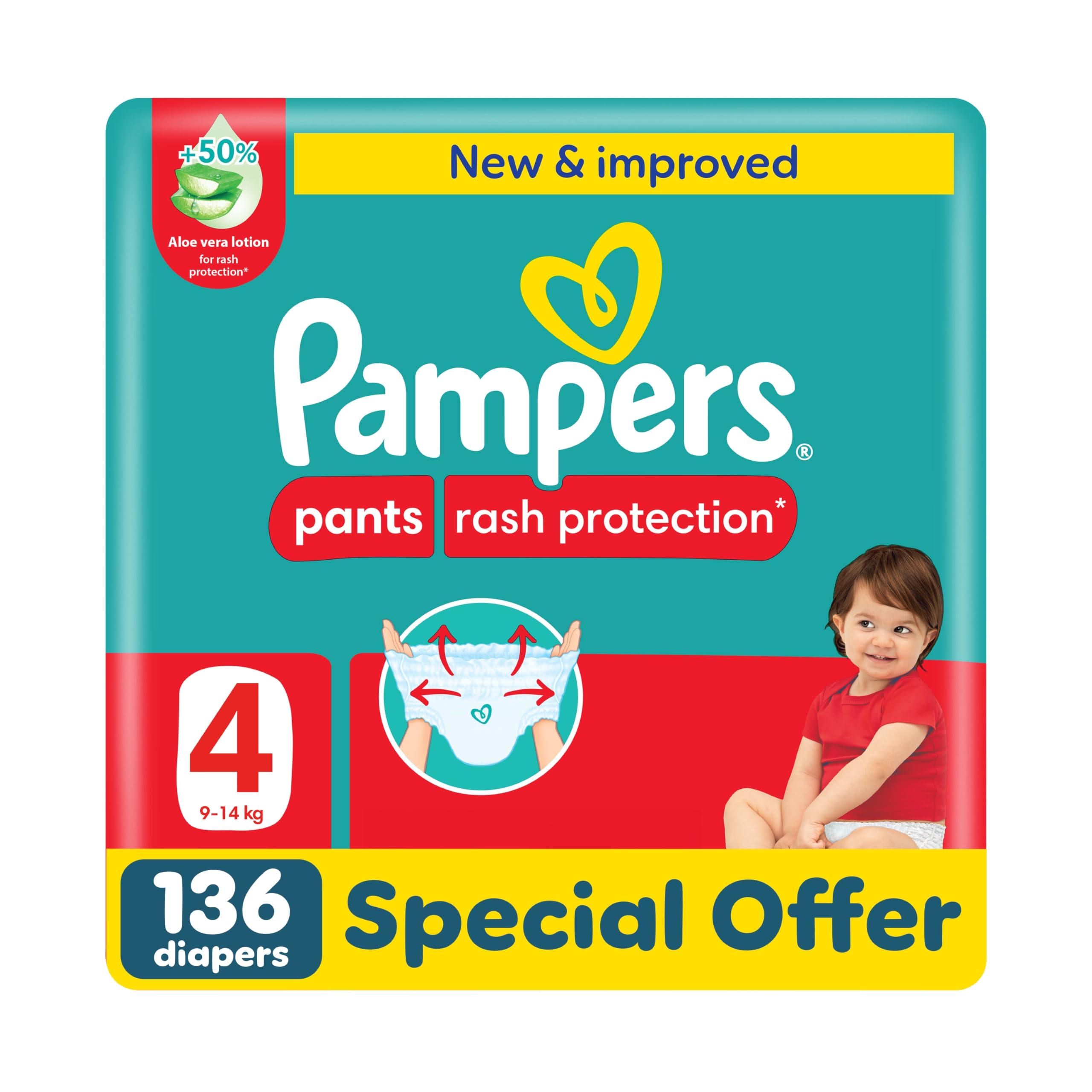 Rash Protection Pants Diapers, Size 4, 9-14kg, +50% Aloe Vera Lotion, 360° Leak-Free Fit for up to 100% Leakage Protection, Giant Pack, 136 Count