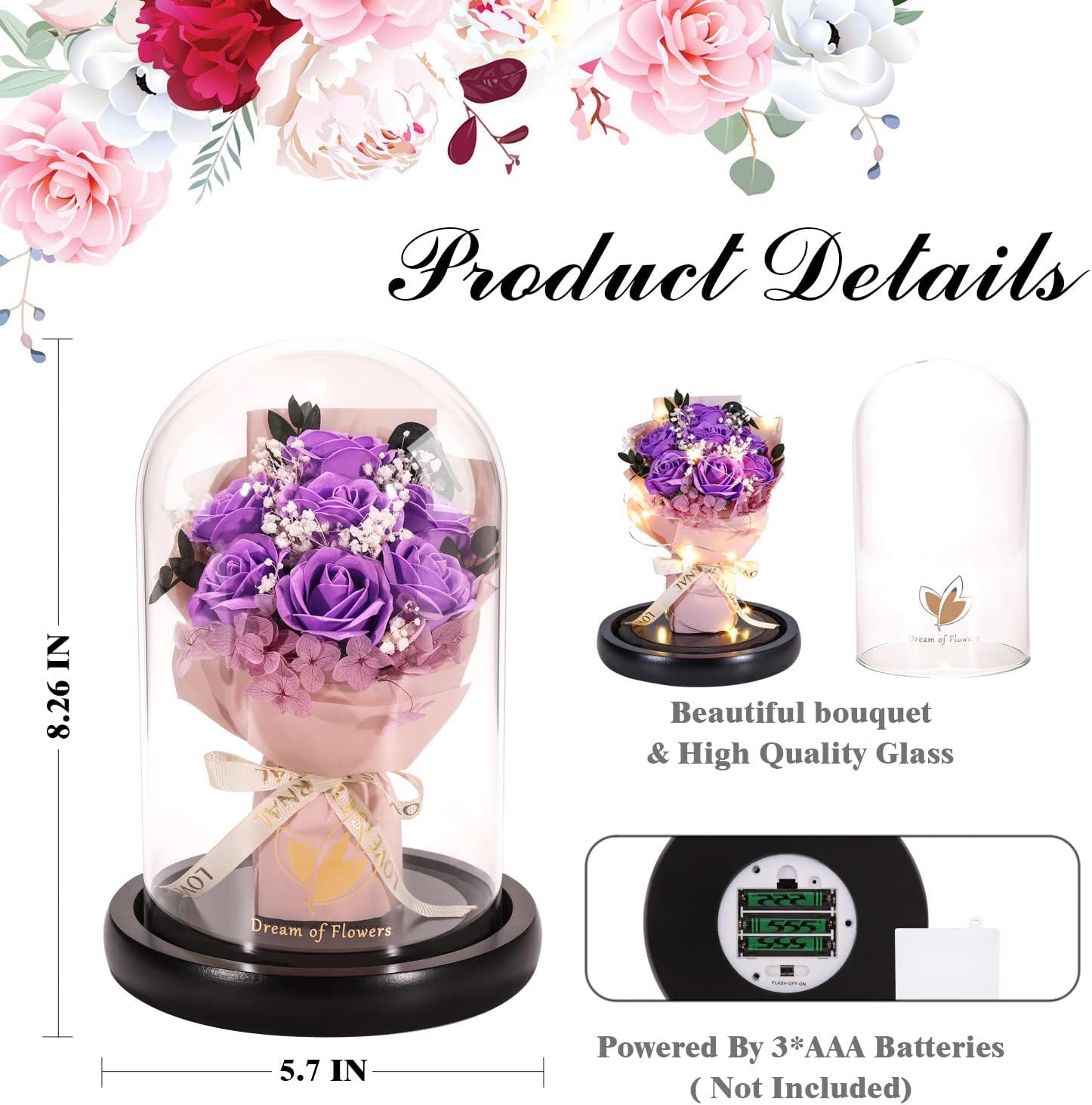 Valentines Day Gifts for Her,Beauty and The Beast Rose in Glass Dome with 2 Light Modes, Enchanted Flower Rose Bouquets Birthday, for Women Mom Wife Girlfriend Sister - Image 4