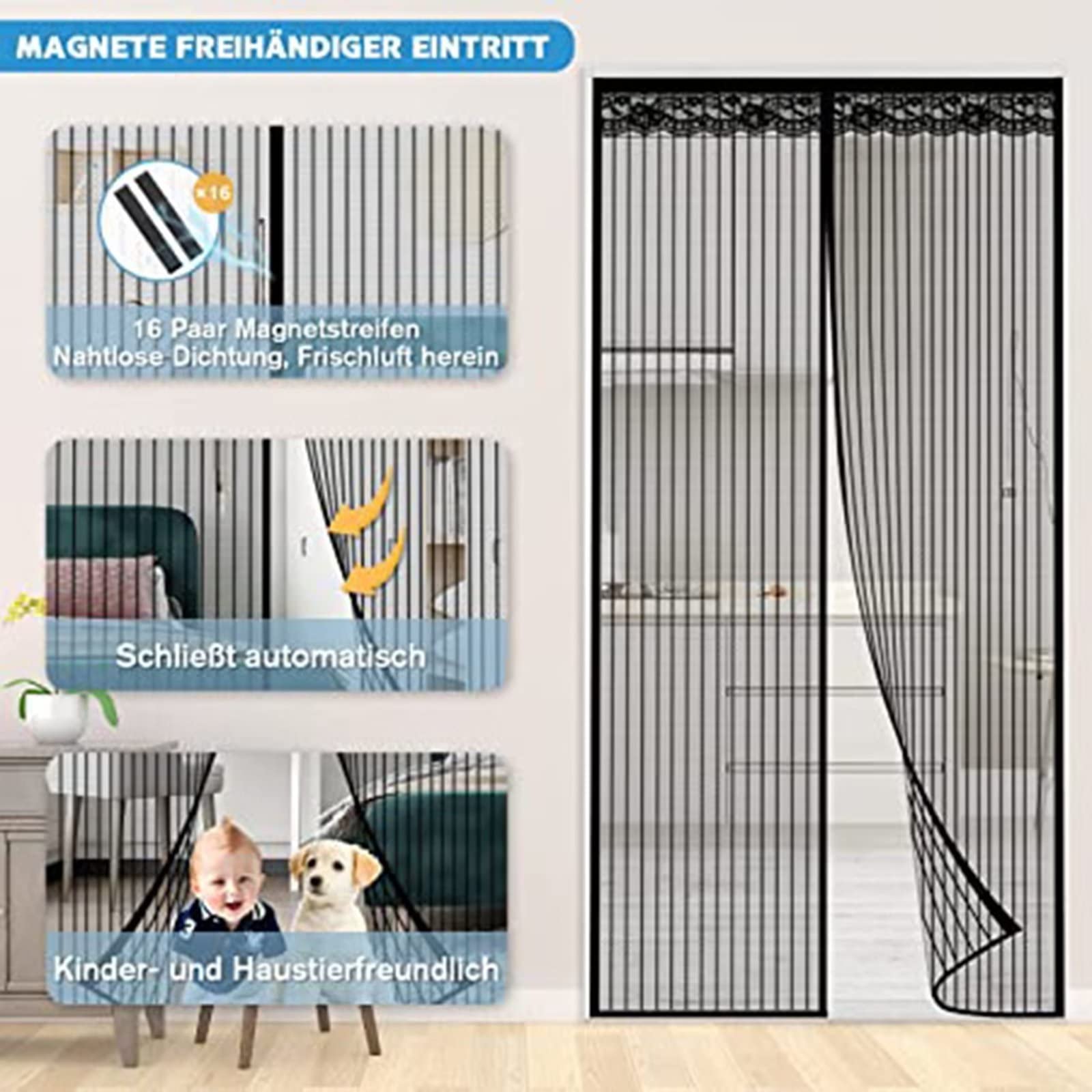 Magnetyczna moskitiera 105 x 230 cm Anti Mosquito Magnetic Automatyczne zamknięcie Zapobiegaj lataniu w obce przedmioty na pokój dzienny Sypialnia Patio Balkon, Czarny