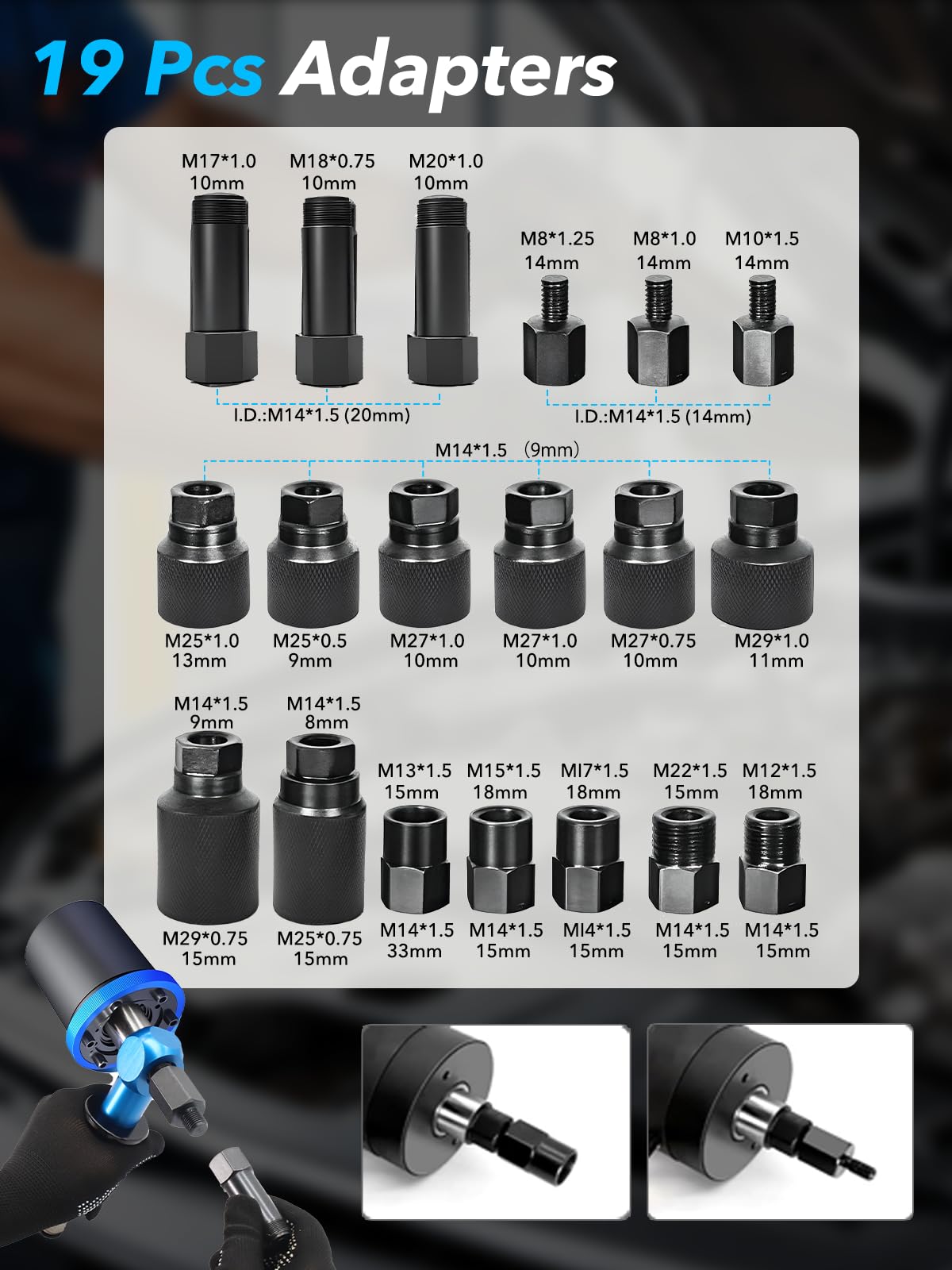27tlg Handgehaltene Pneumatische Einspritzdüsen Abzieher, Pneumatischer Injektor Werkzeug, Ausbau Werkzeug für Einspritzdüsen mit 19 Adapter Kompatibel mit Bosch, Delphi, Denso, Siemen