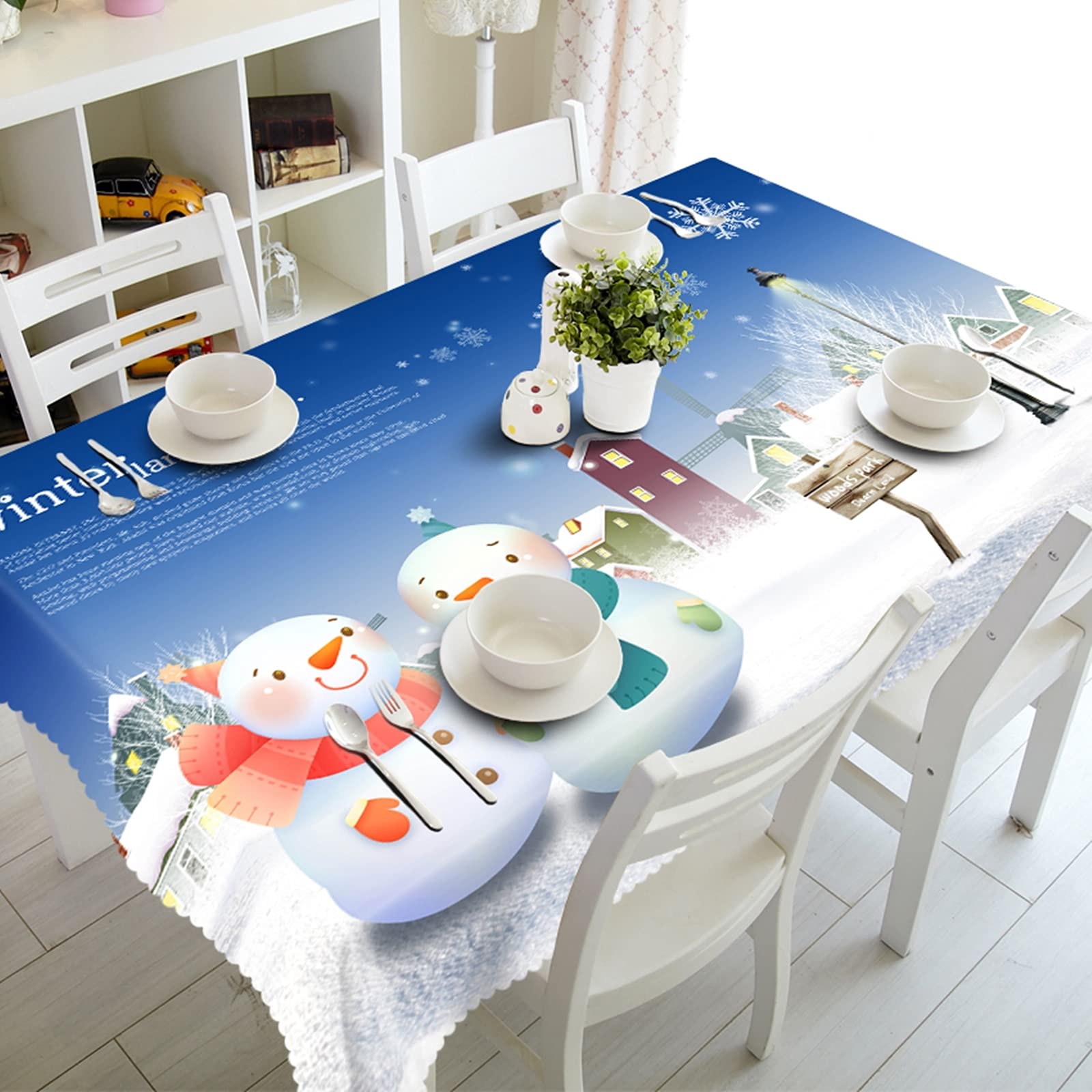 Banemi Small Table Clothes Square, Blue Waterproof Tablecloth Couple Snowman Village Snowflake Polyester Tablecloths for Wedding and Parties 55X87Inch