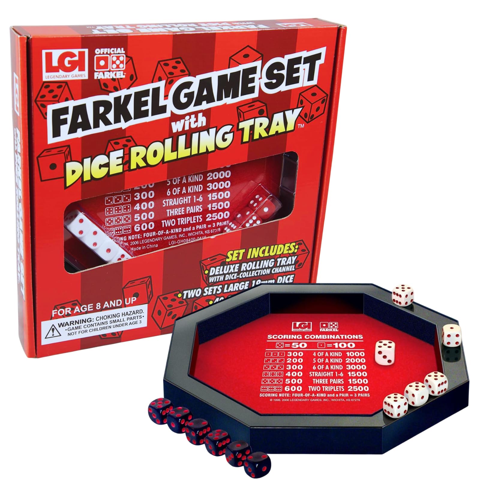 Farkel Game Set with Deluxe Dice Rolling Tray, Built-in Dice-Collection Channel, 2 Sets of Dice, 40-Sheet Scorepad, Classic Family Game