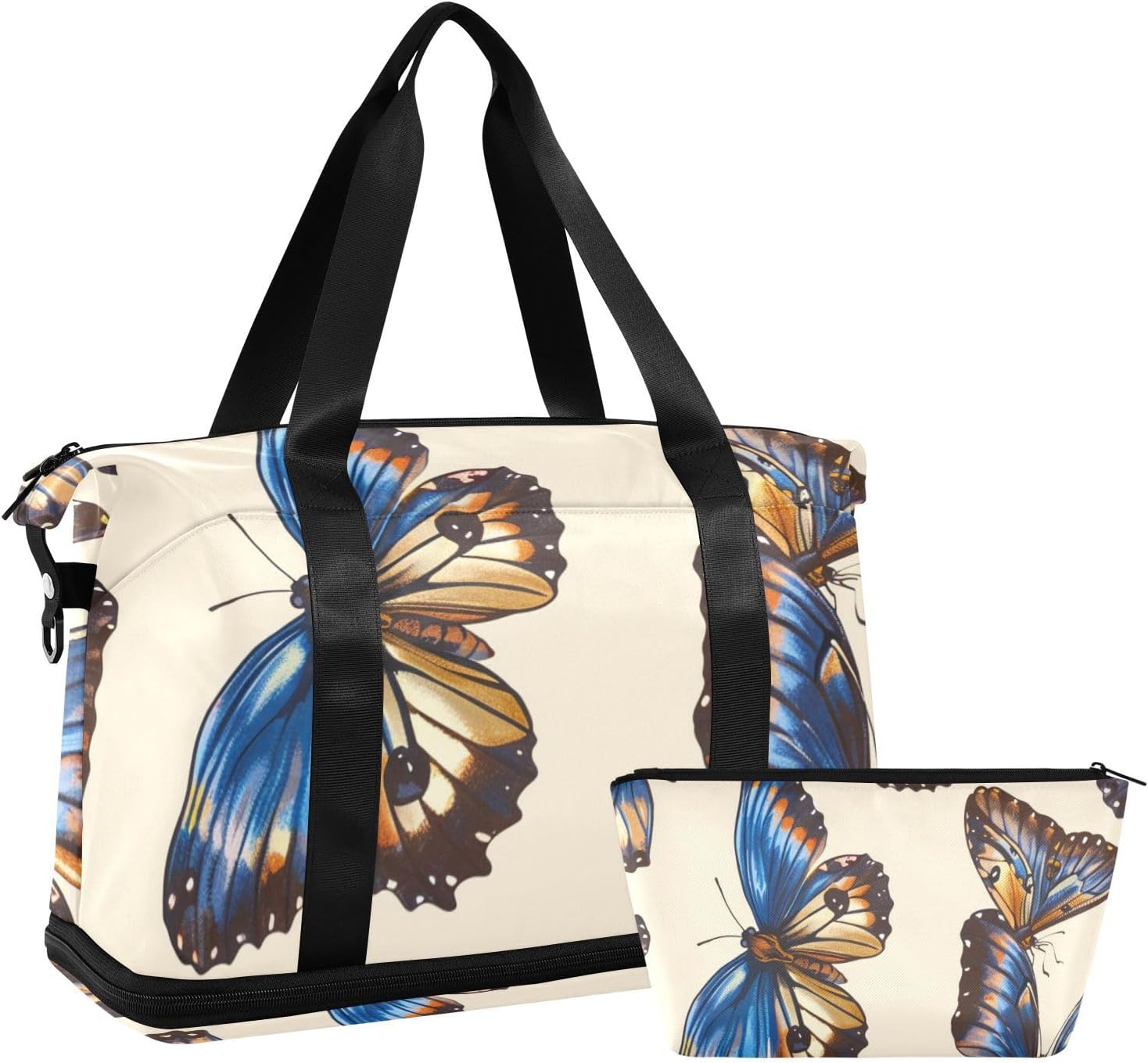 Blue-brown Butterfly Sports Tote Gym Bag Large Carry On Bag with Adjustable Strap for Trekking 2 Pcs Set