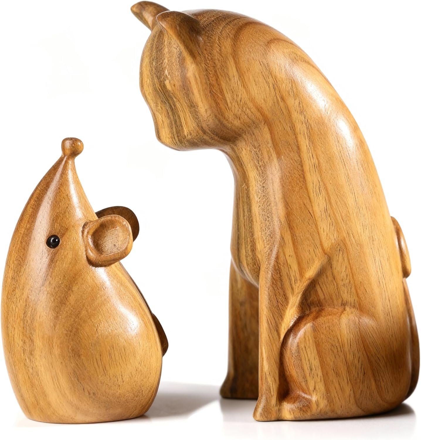 Natural Wood Cat & Mouse Figurine Set, Rustic Desk Shelf Decor, Animal Sculpture Gift for Pet Lovers