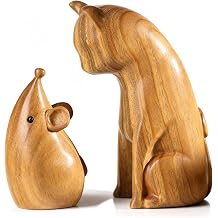 Natural Wood Cat & Mouse Figurine Set, Rustic Desk Shelf Decor, Animal Sculpture Gift for Pet Lovers