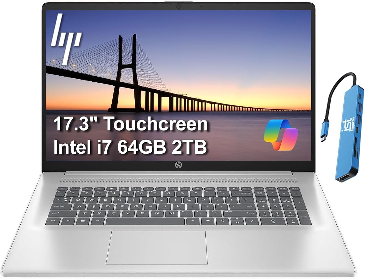 Laptop HP 17, pantalla táctil HD+ de 17.3", Intel Core i7-150U, 64GB RAM, 2TB SSD | > Ultra 5 125U, 14.a generación, para empresas, hogar, estudiantes, bisel estrecho, cámara web, carga rápida, teclado numérico, HUB, Win 11 Home