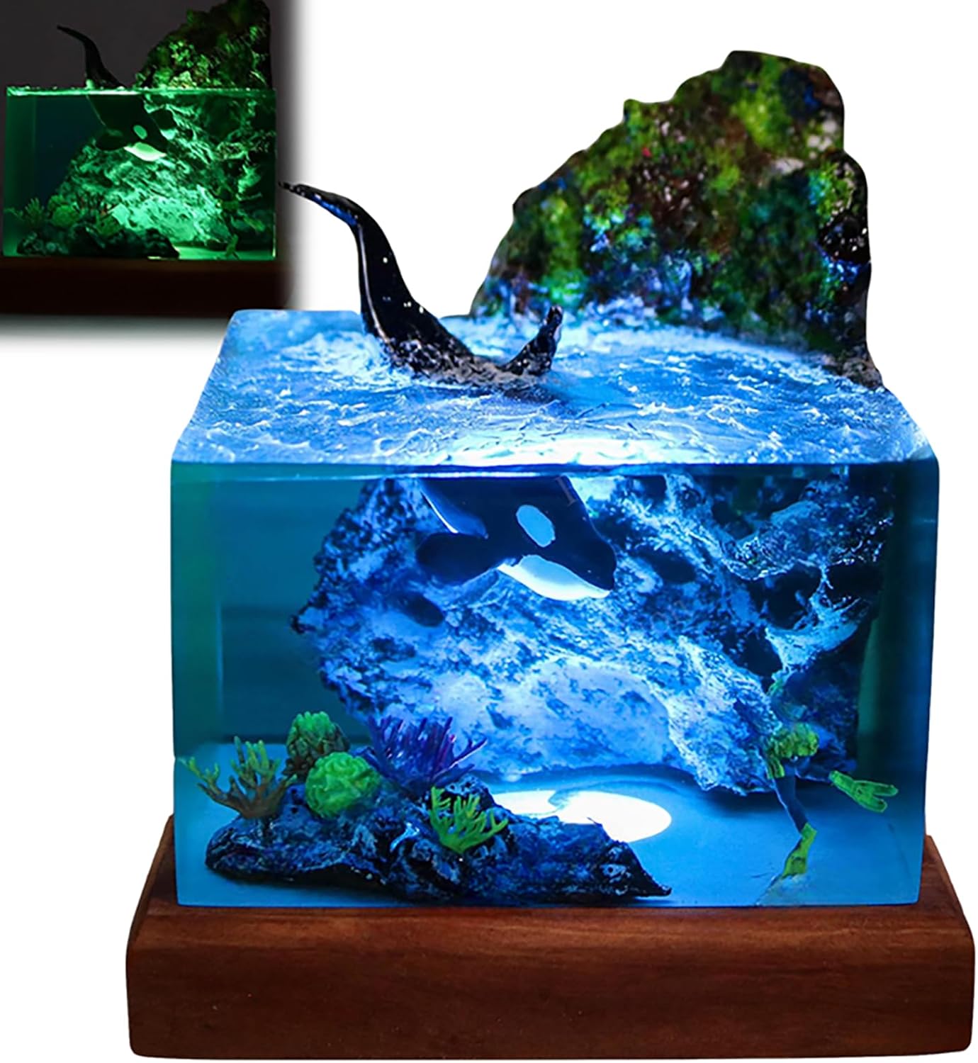 Handmade 3D Ocean Resin Lamp - USB-powered wooden base resin ocean night light, adjustable lamp, men's office decoration, living room and bedroom decoration, suitable for vacation (8*8*8cm)