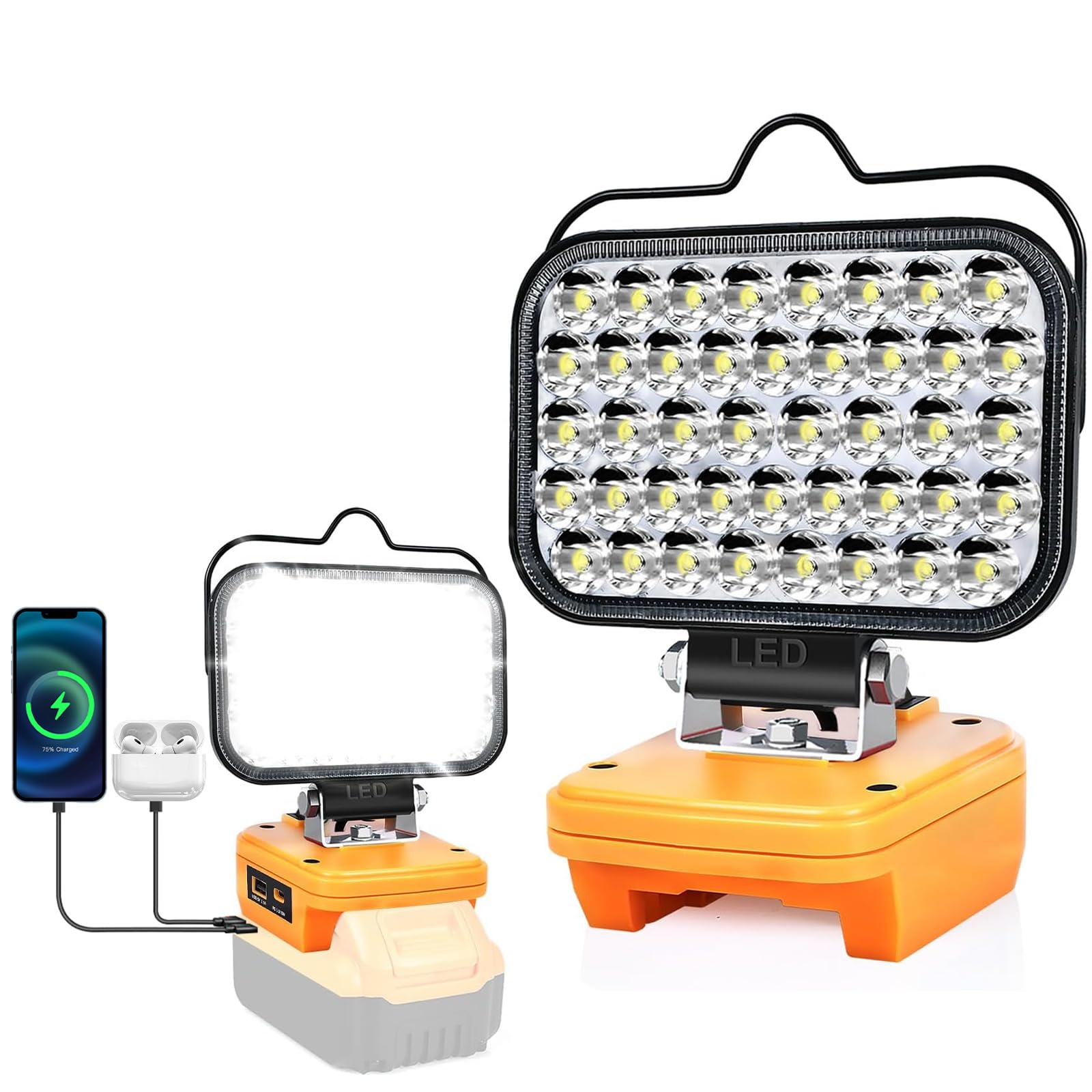 Cordless LED Work Light for Dewalt 20V Battery, Portable Flood Lights 80W Spotlight Compact Lighting 8000LM with Type C & USB Fast Charging for Camping, Hiking, Power Failure,Workshop