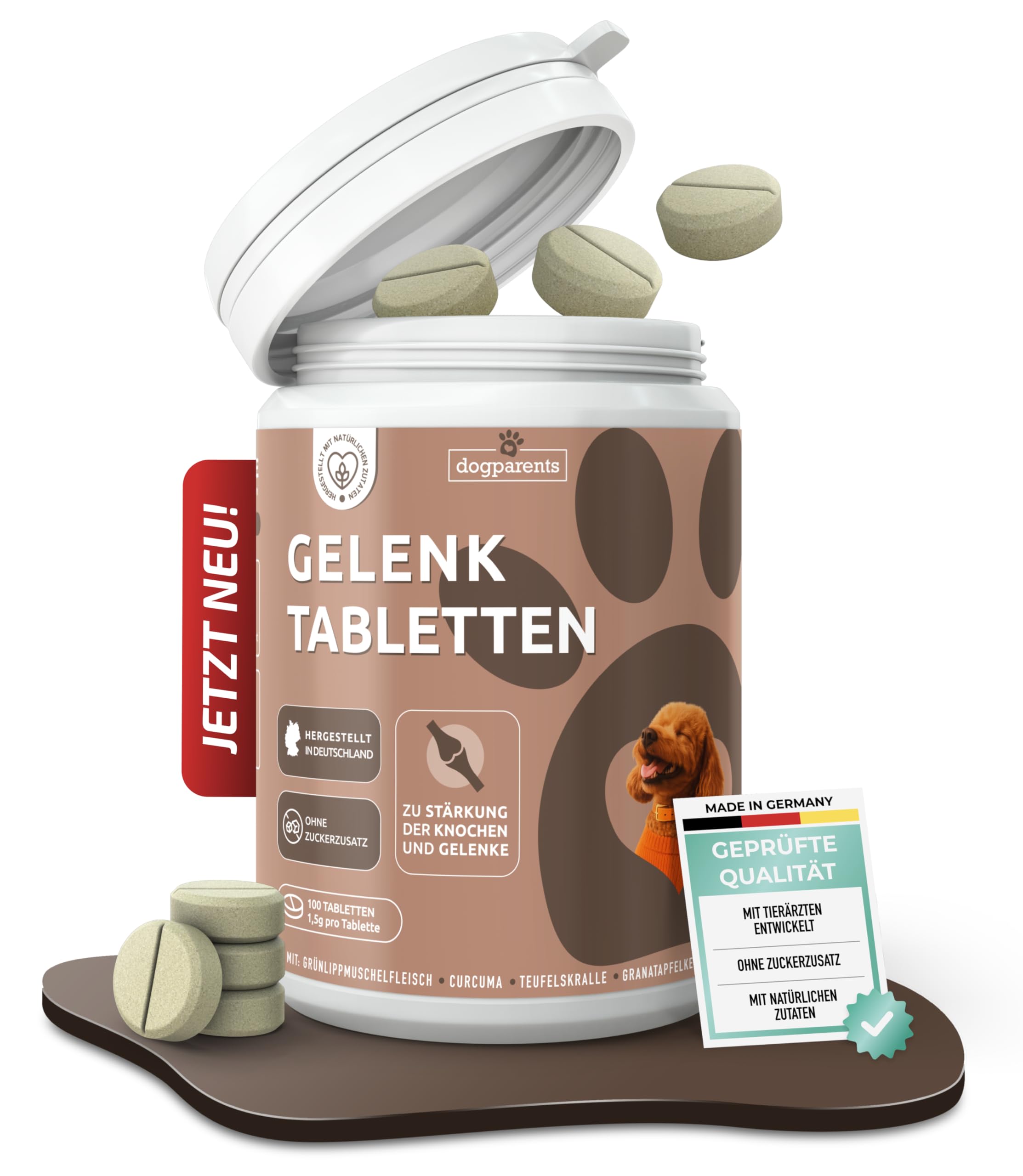Gelenktabletten Hund [MADE IN GERMANY, ZUCKERFREI & LABORGEPRÜFT] Hochwirksame Formel mit Grünlippmuschel, MSM, Glucosamin, Curcuma, Granatapfel & Teufelskralle für Knochen & Gelenke (150g (1er Pack))