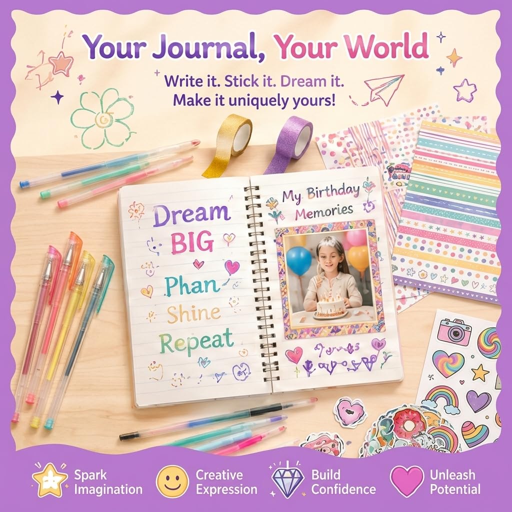OIHEW 100+ Pcs DIY Journal Kit for Teen Girls - Scrapbook Supplies & Aesthetic Stationary Set with 2 Spiral Notebooks, Stickers, Glitter Pens - Arts and Crafts Birthday Gift for Tweens Girls Age 8-12+