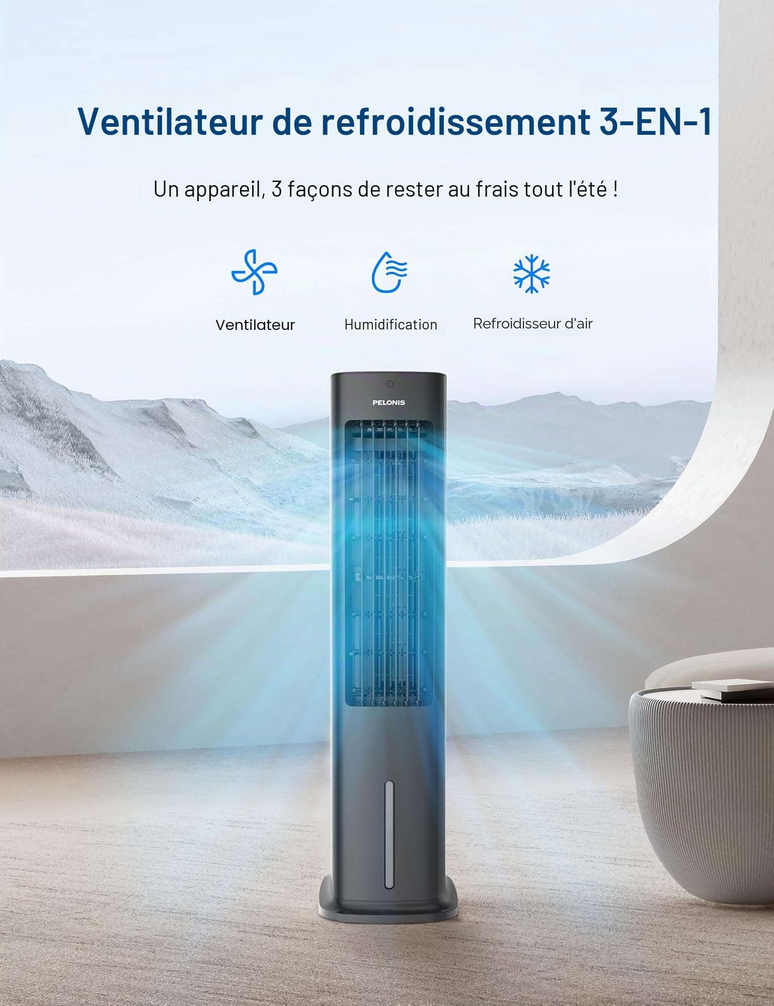 PELONIS Refroidisseur d'Air 5L avec Télécommande, 3-en-1 Portable, Ventilateur & Humidificateur, Oscillation Auto, Minuterie 7H, 2 Packs de Refroidissement