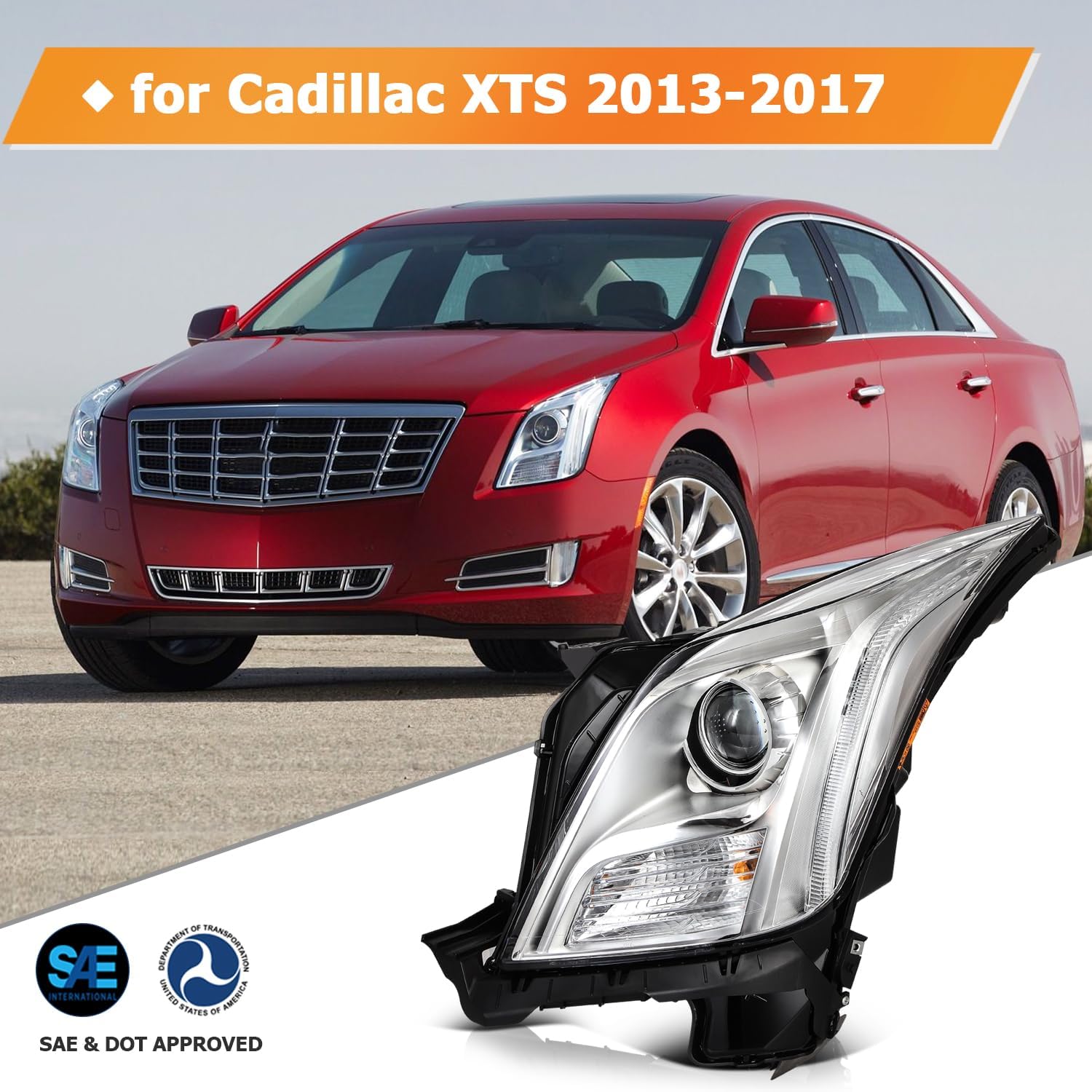 GM2502374 Headlight Assembly Compatible with 2013-2017 for Cadillac XTS Chrome Housing Titanium Clear Lens Driver Side Headlamp 23397811