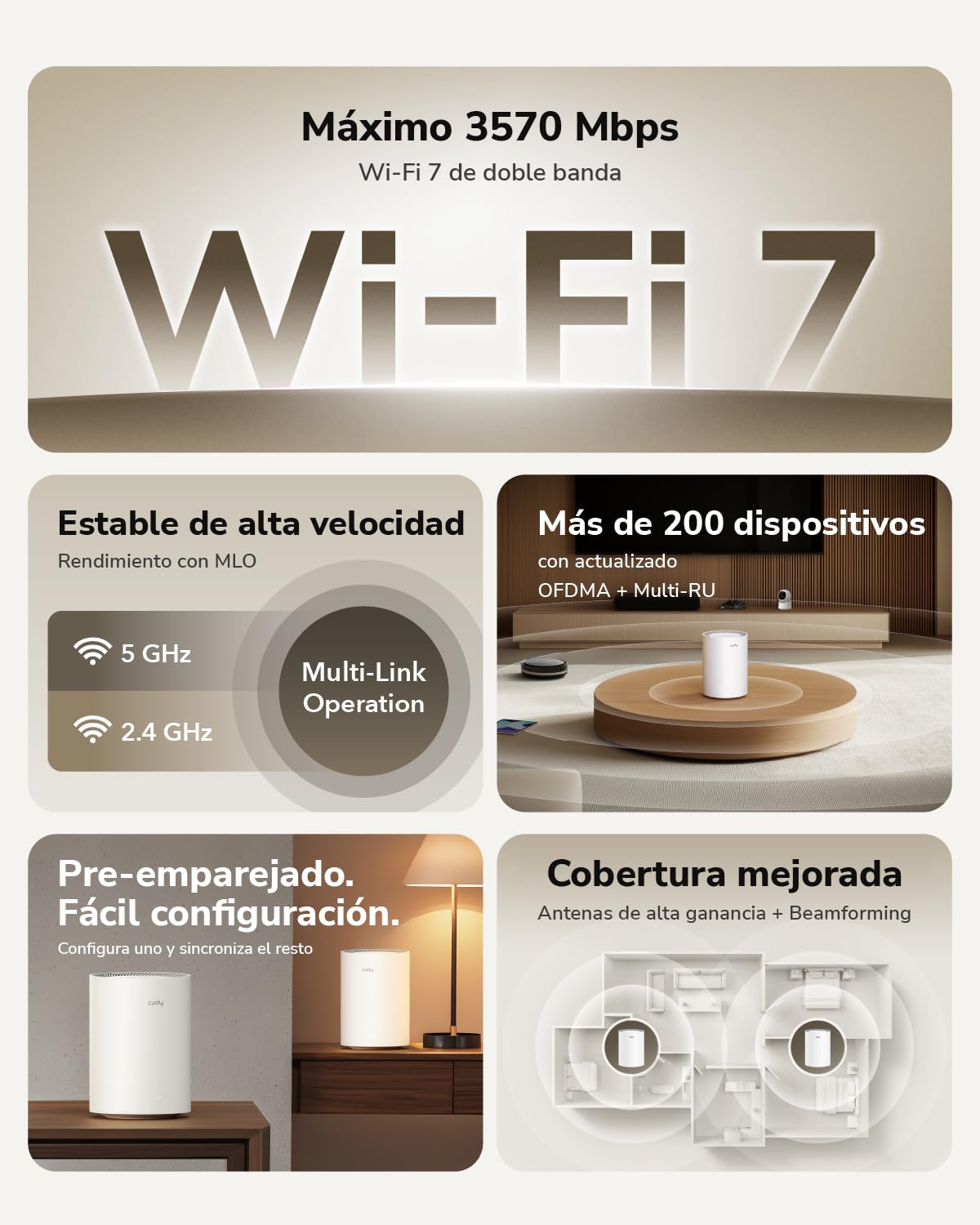Cudy Sistema de Malla WiFi 7 BE3600, 3.6 Gbps 160 MHz, Cobertura de Hasta 200 m², 3 Puertos Gigabit, Compatible con Multi-VPN, APP Control, M3600 2-Pack