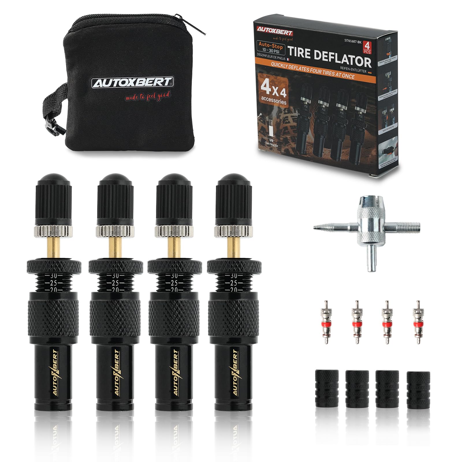 Adjustable Auto-Stop (10-30 PSI) Tire Air Down Deflator Valve Kit,Includes Valve Caps &amp; Storage Bag,4-in-1 Valve Tool Compatible with Jeep Car Truck SUV ATV(Black)