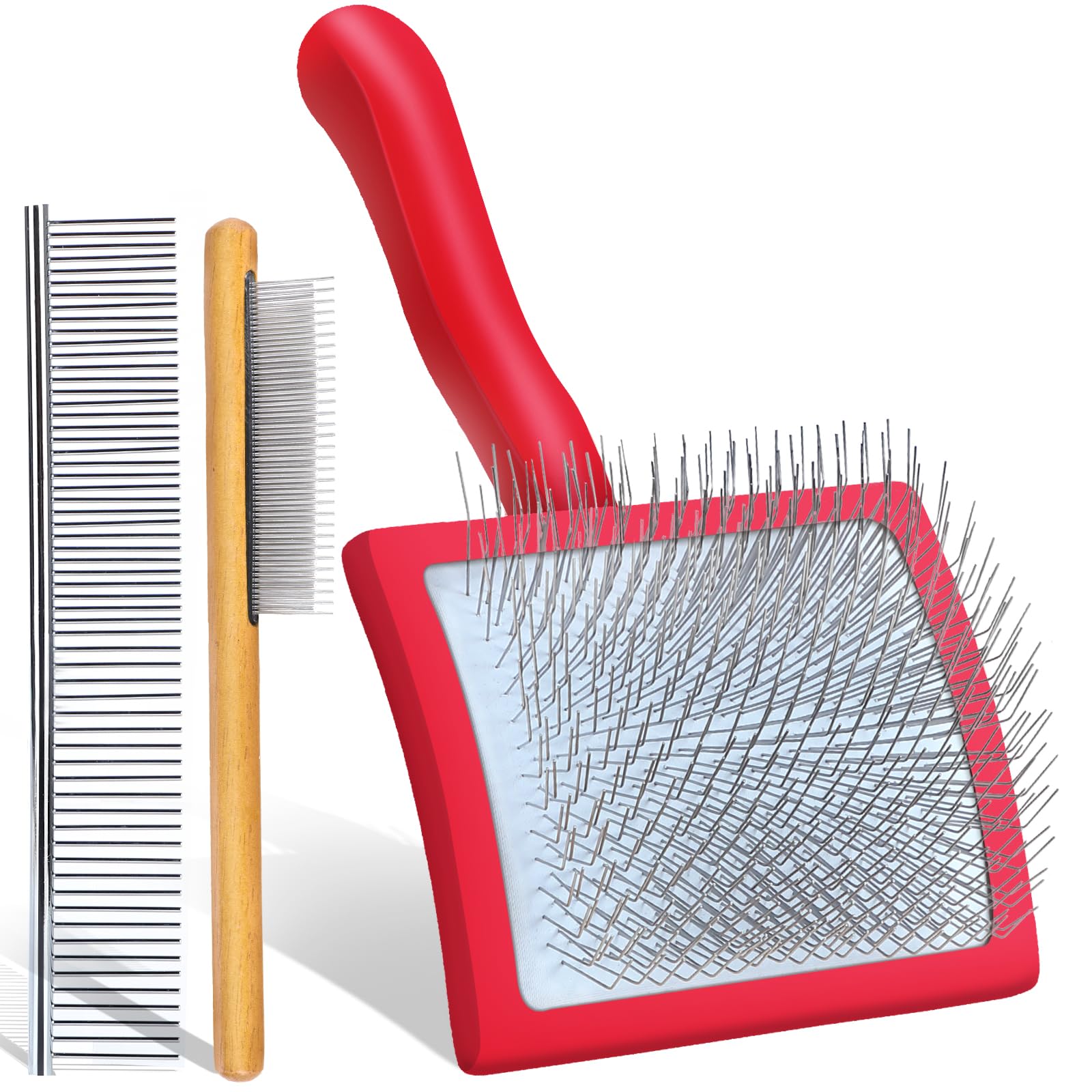 3-in-1 Long Pin Slicker Brush Set, Pet Grooming Kit,Red