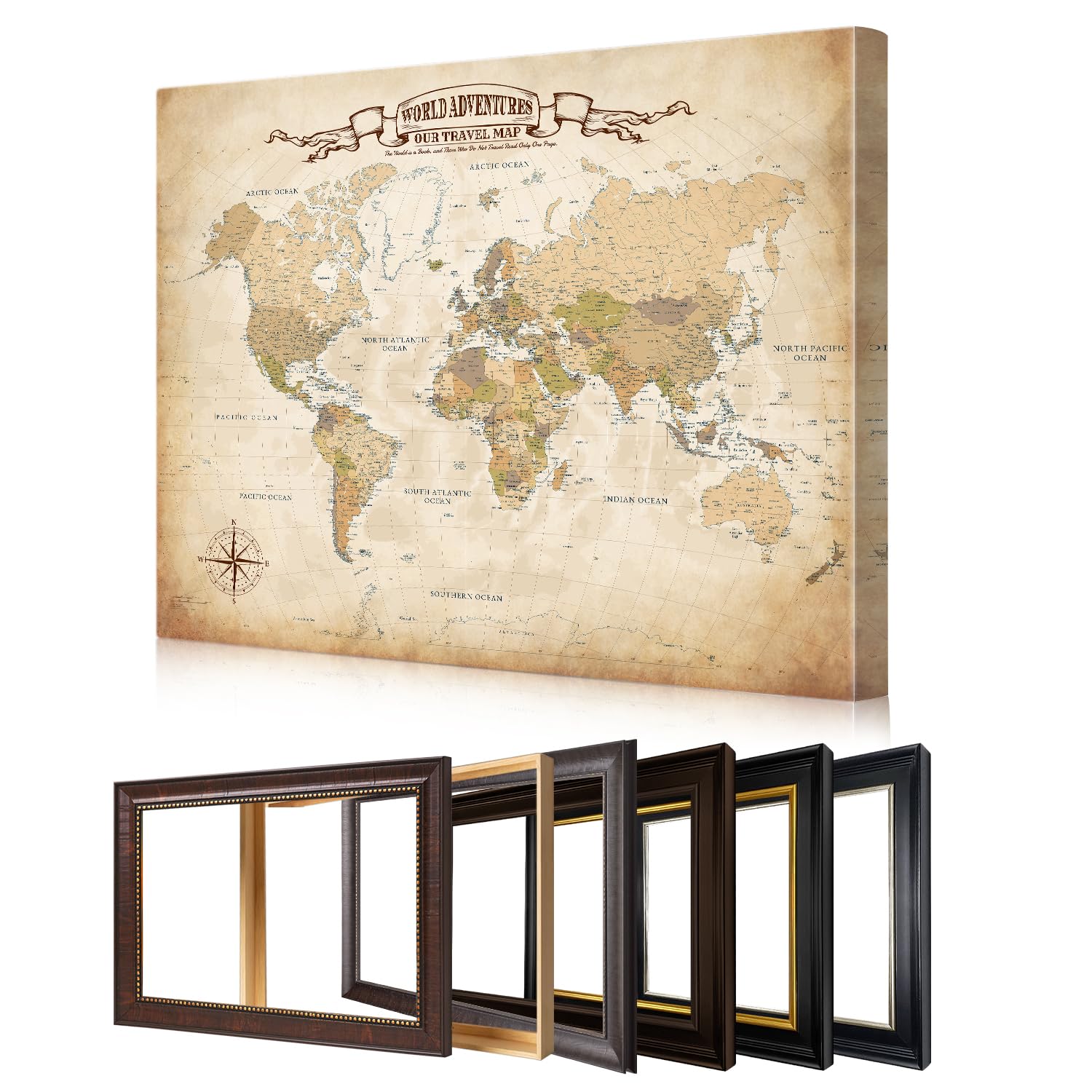 DECORARTS Personalized World Travel Map with Pins,Antique Canvas 40x30''