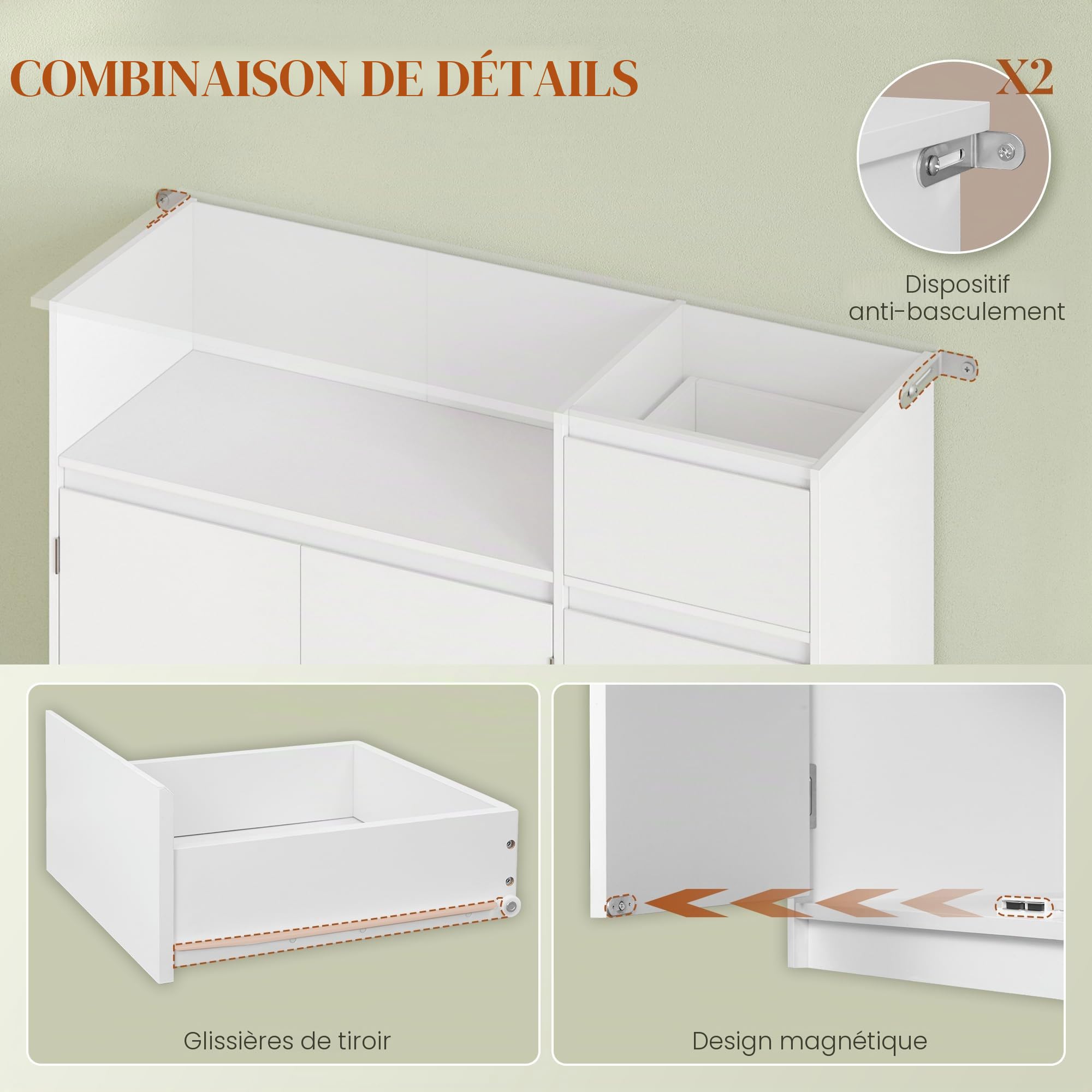 HEXCELEN Meuble de Rangement Buffet avec Chariot, Tiroirs, Étagères Réglables pour Salle à Manger, Salon, Cuisine, 35 x 100 x 80 cm, Blanc