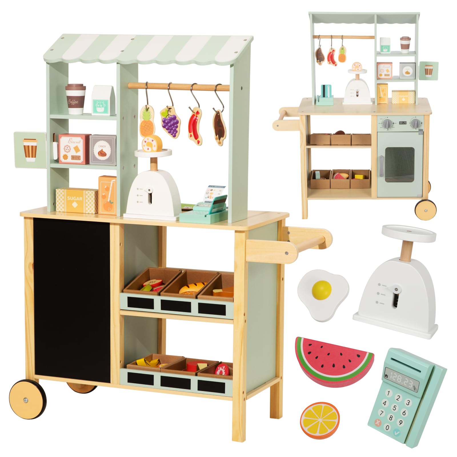 Nene Toys Negozio in Legno per Bambini – Bancarella/Stand Mercato Tutto-in-Uno con Registratore di Cassa, Bilancia, Lavagna, Asta Appendino – Lato Cucina con Forno – Giocattolo Educativo 3–7 Anni