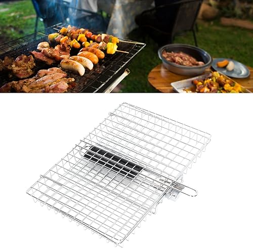 Miniatura 4 de TOPINCN Cesta de parrilla cuadrada de acero inoxidable plegable con mango de haya, red de parrilla de madera para parrilla de acero inoxidable,